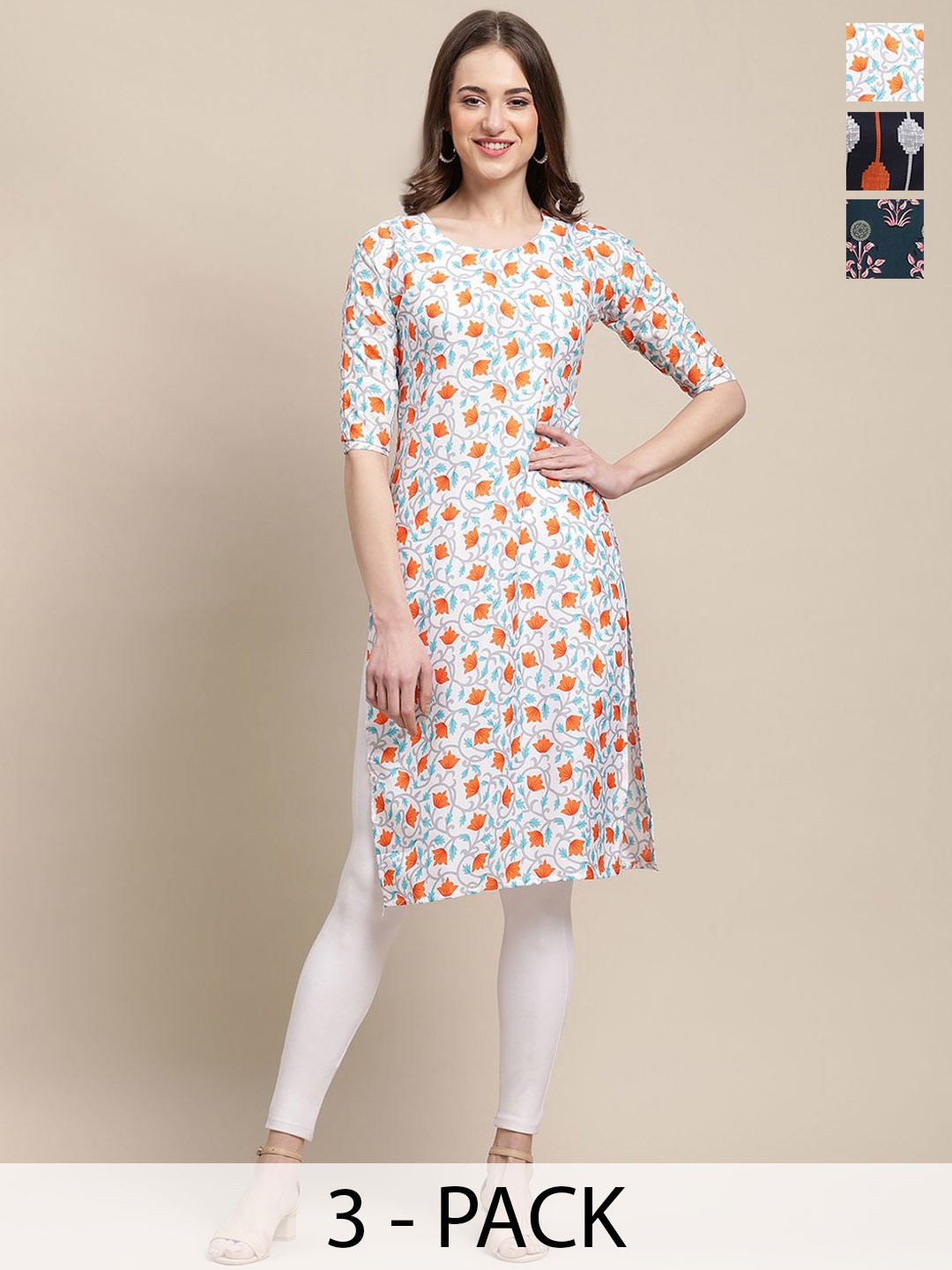 

7Threads Selection Of 3 Floral Printed Straight Kurtas, White