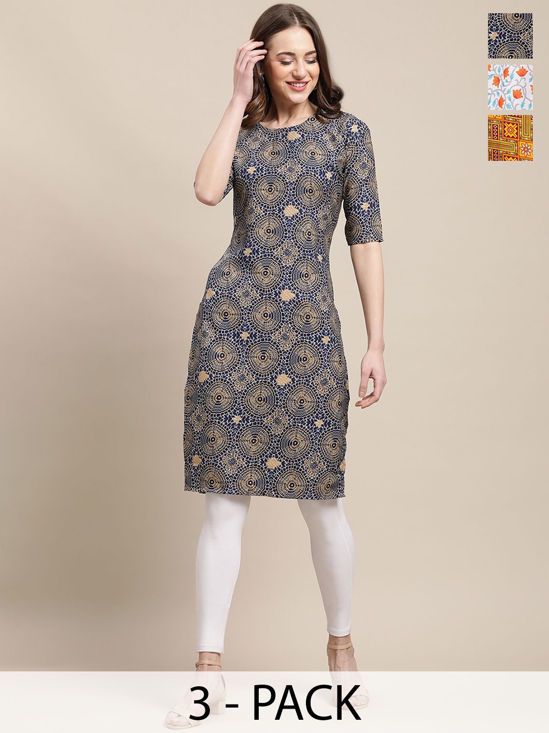 

7Threads Selection Of 3 Ethnic Motifs Printed Round Neck Kurtas, Navy blue