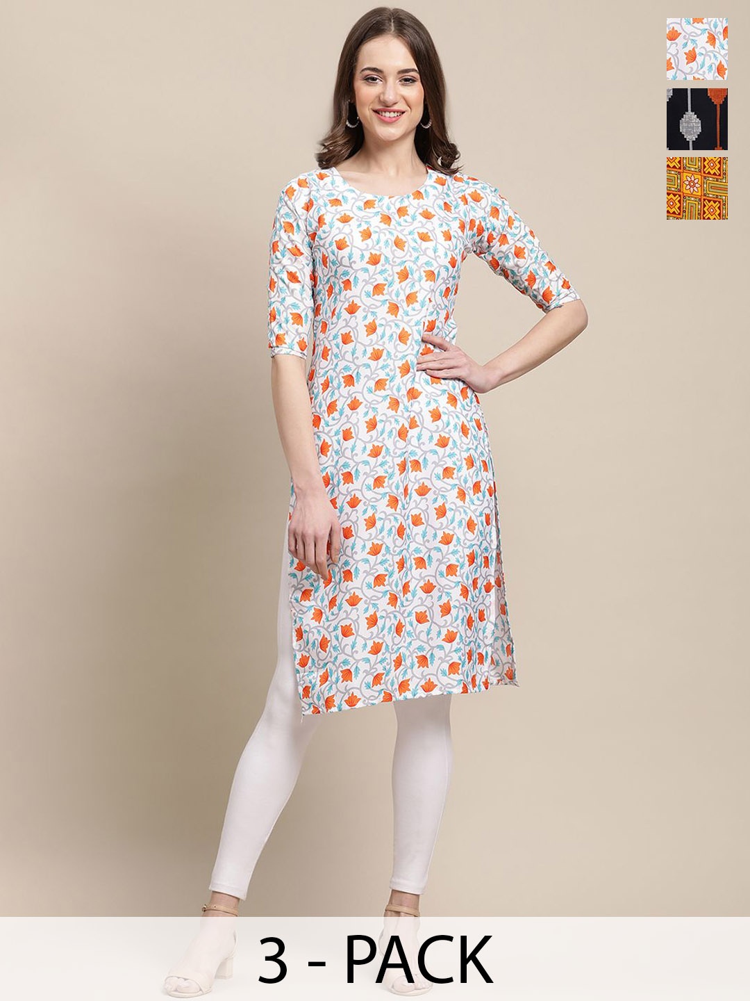 

7Threads Selection Of 3 Floral Printed Round Neck Straight Kurta, White