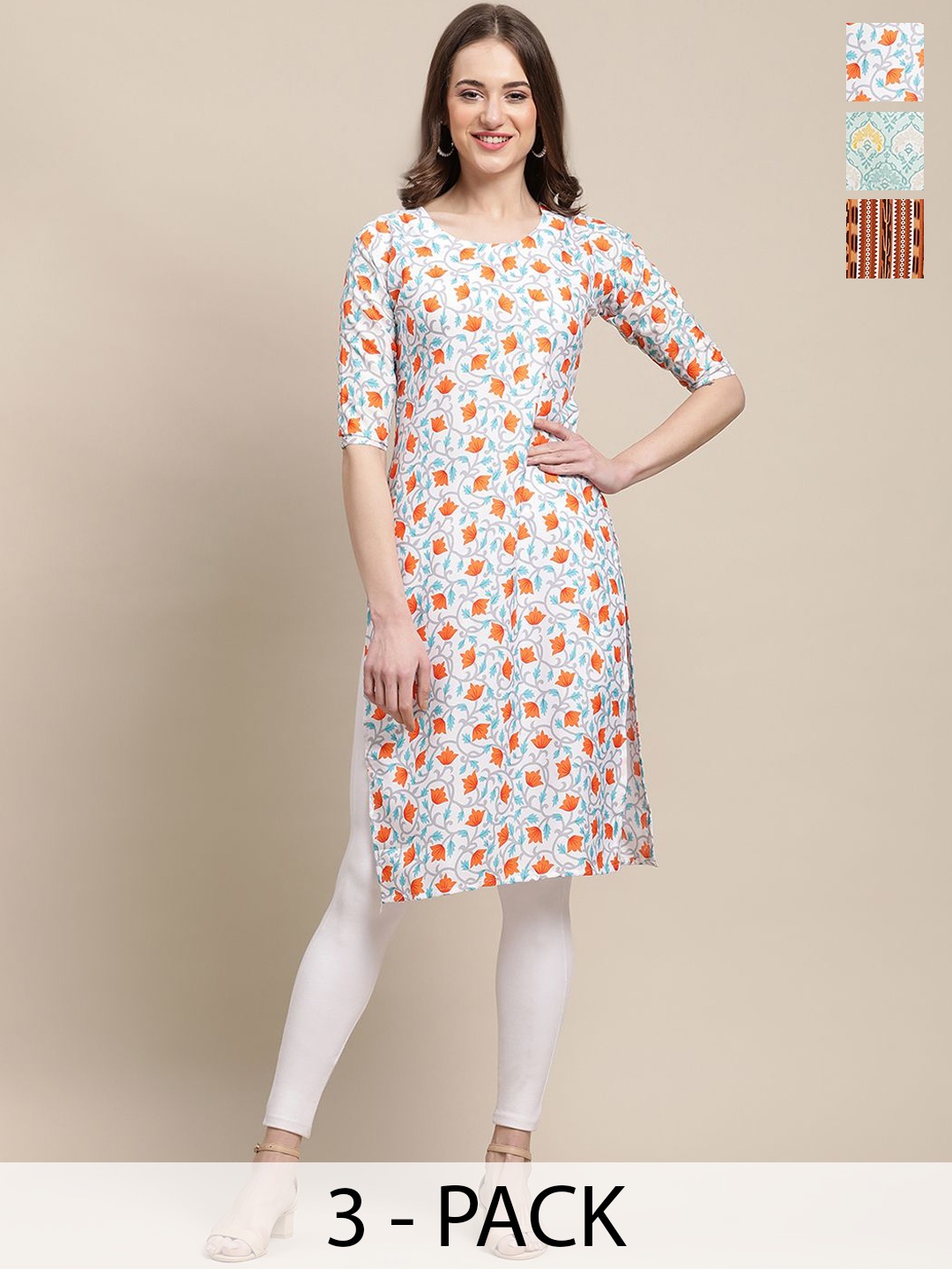 7Threads Selection Of 3 Floral Printed Round Neck Kurtas, White