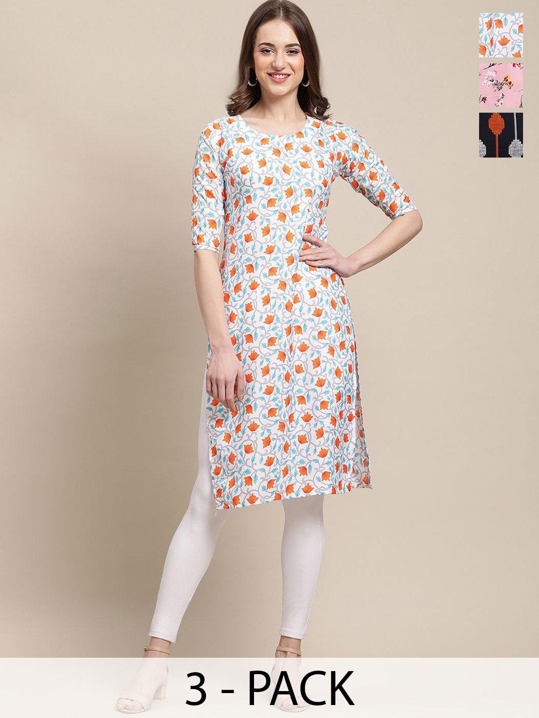

7Threads Selection Of 3 Floral Printed Round Neck Straight Crepe Kurtas, White