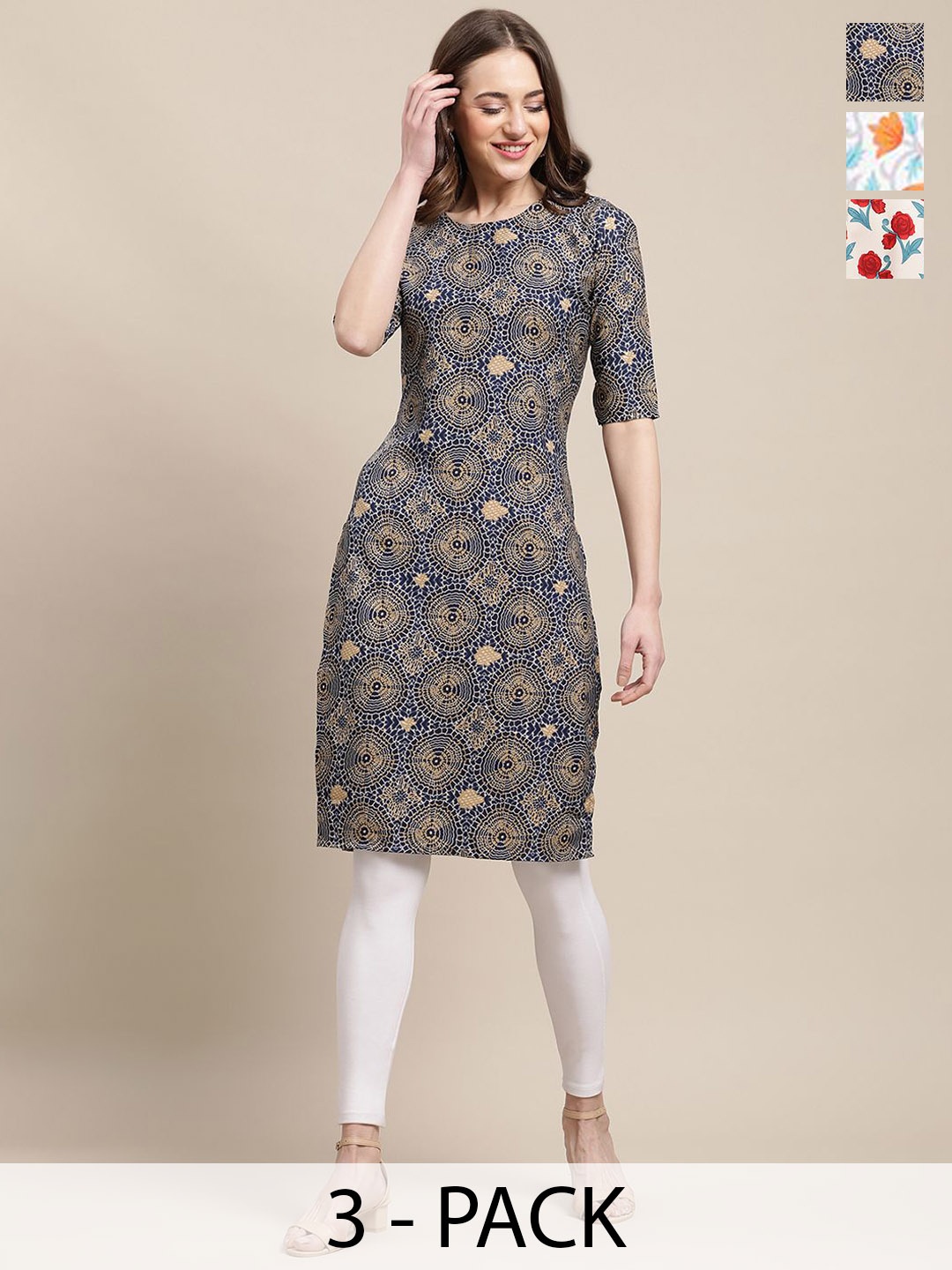 7Threads Selection of 3 Floral Printed Crepe Straight Kurta, Blue