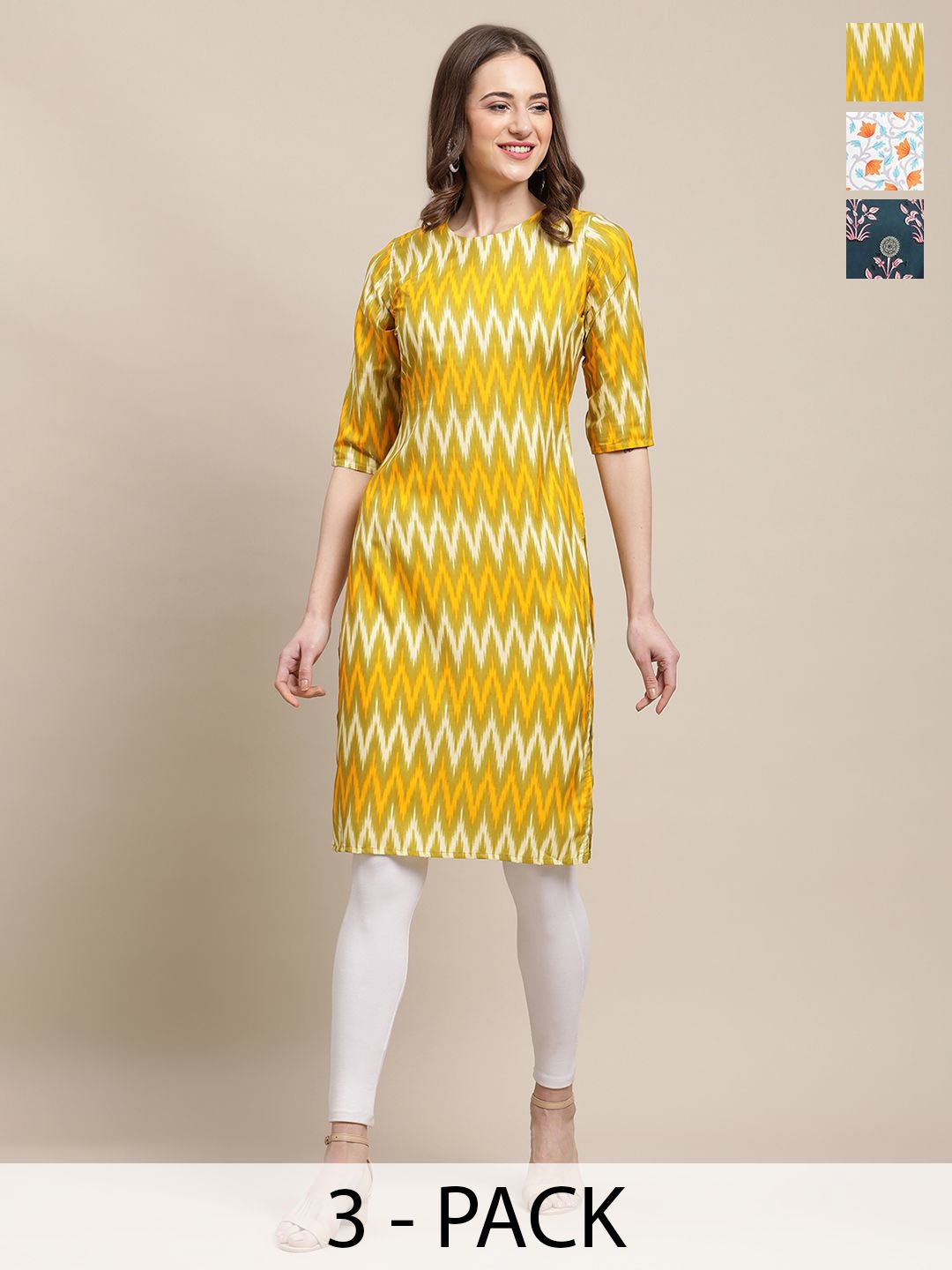 

7Threads Selection Of 3 Ethnic Motifs Printed Straight Kurtas, Yellow
