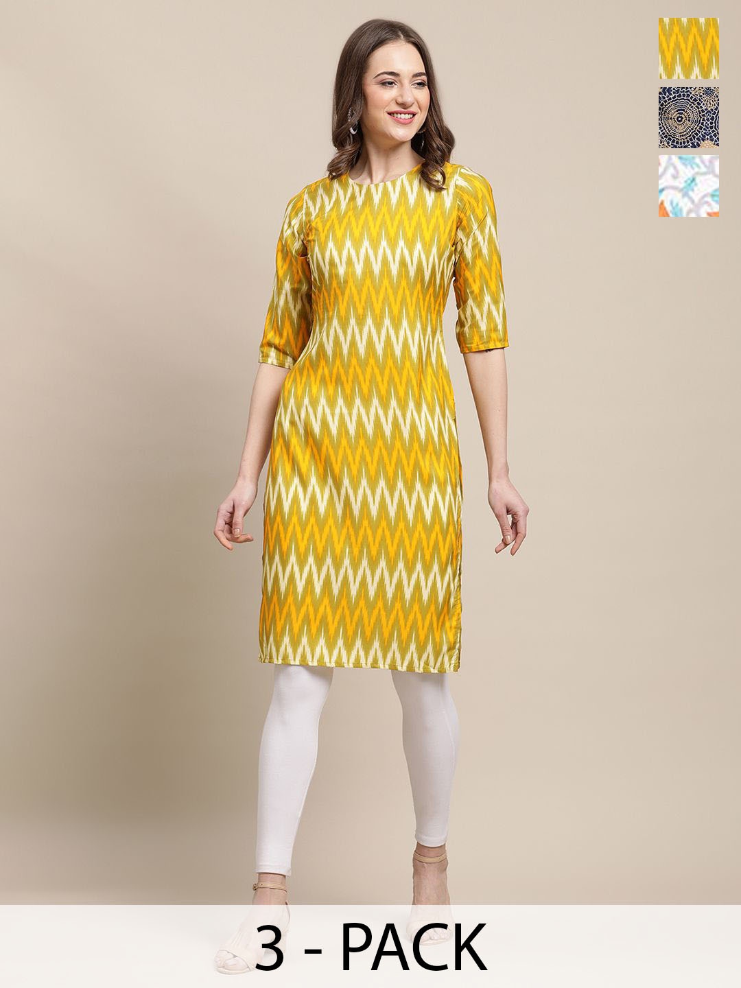 

7Threads Selection of 3 Geometric Printed Round Neck Crepe Straight Kurtas, Yellow