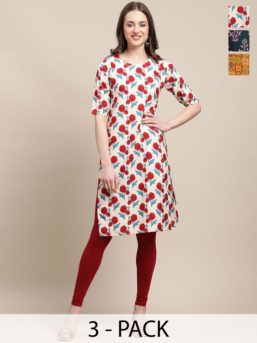 

7Threads Selection Of 3 Ethnic Motifs Printed Straight Kurtas, Red