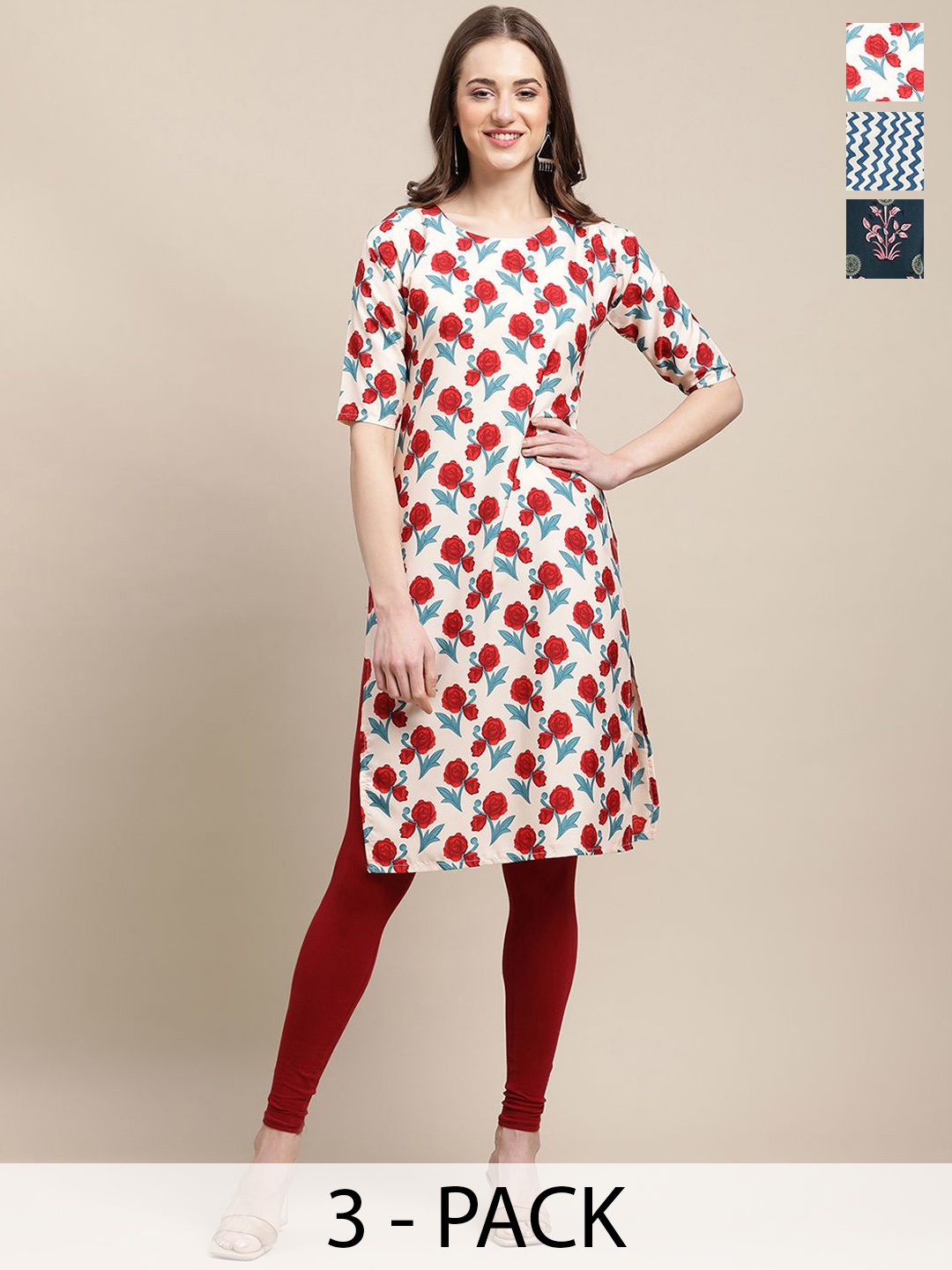 

7Threads Selection of 3 Floral Printed Crepe Straight Kurta, Red