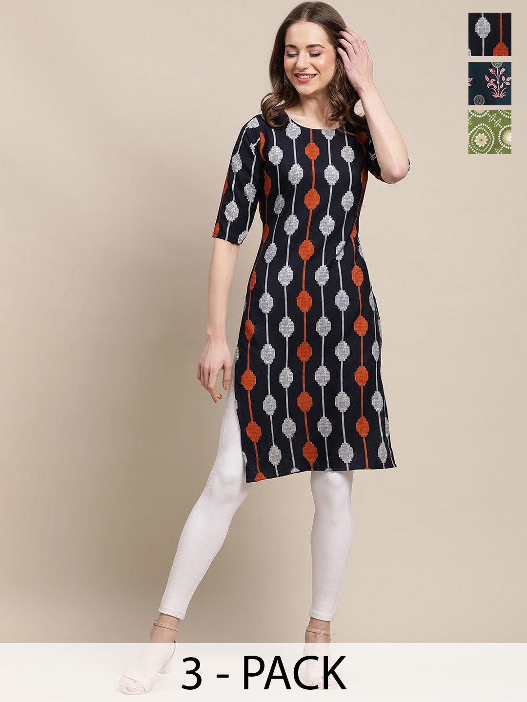 

7Threads Selection Of 3 Geometric Printed Round Neck Kurtas, Blue