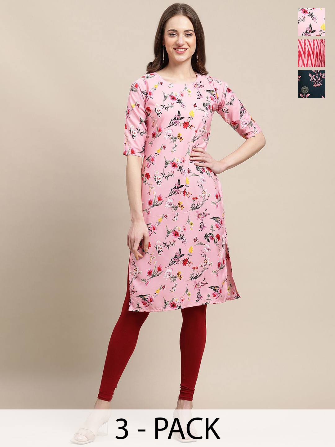 

7Threads Selection Of 3 Floral Printed Straight Kurta, Pink