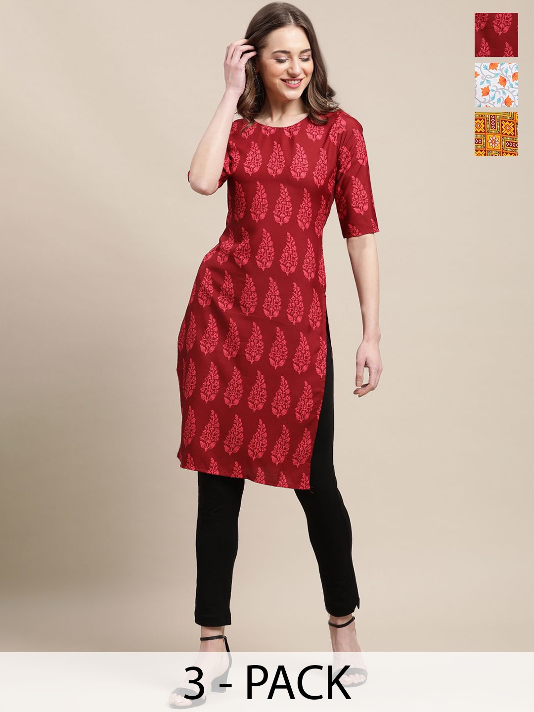 

7Threads Women Ethnic Motifs Printed Thread Work Floral Crepe Kurta, Multi