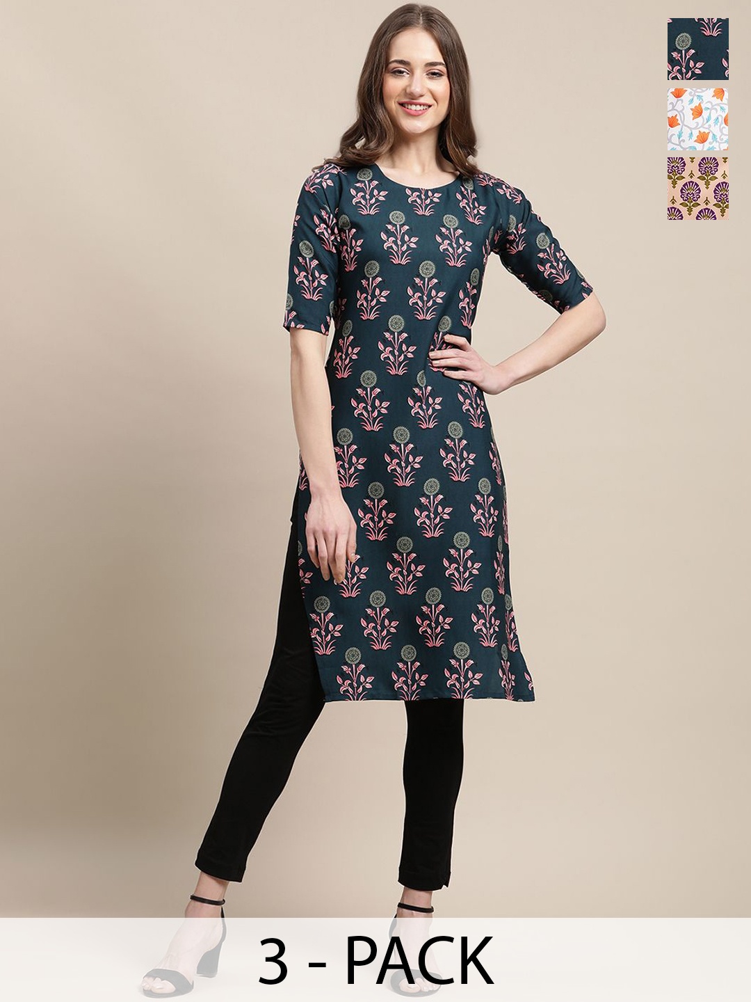 

7Threads Selection Of 3 Floral Printed Round Neck Straight Kurta, Blue