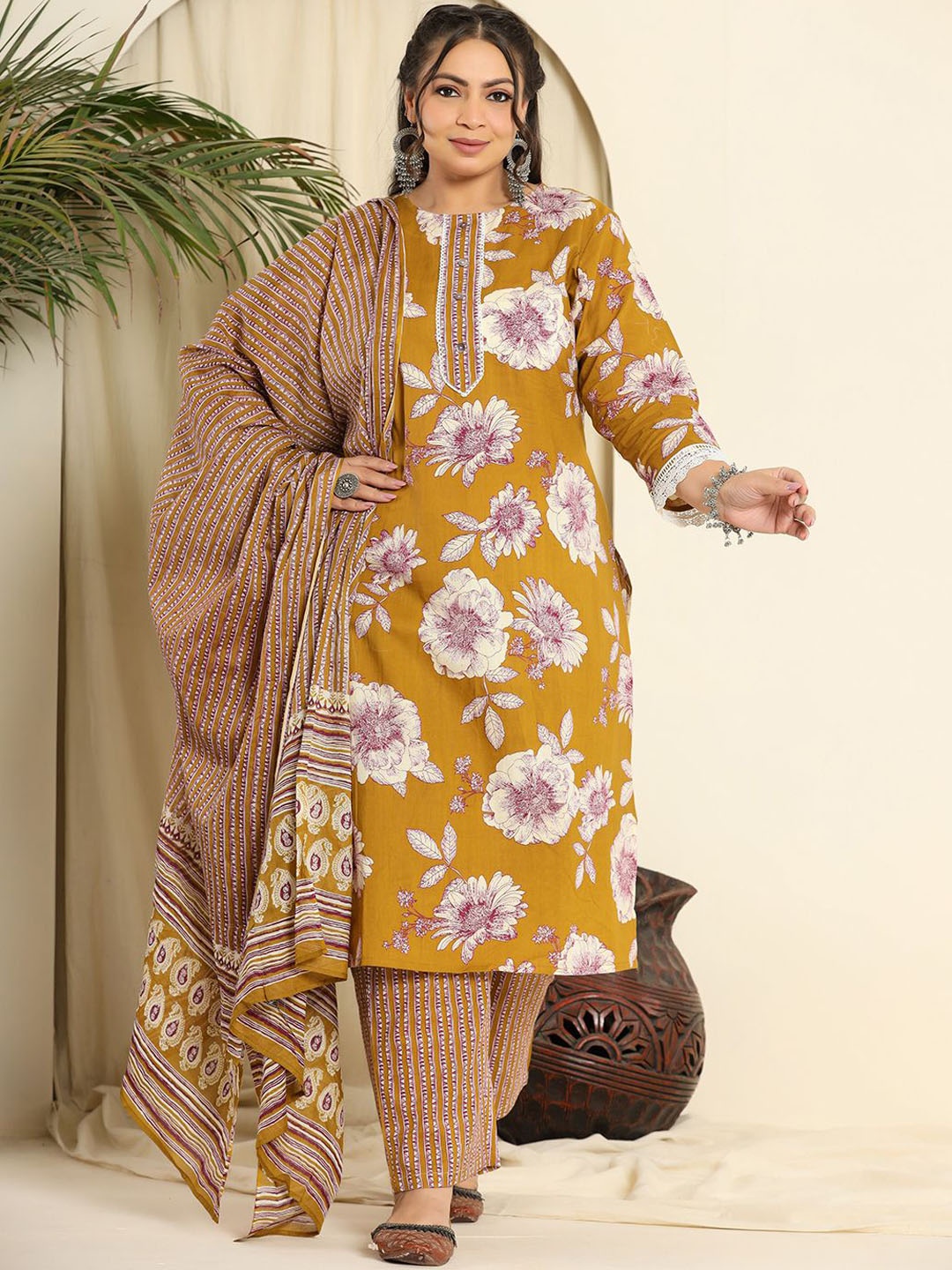 

Yufta Plus Size Floral Printed Pure Cotton Straight Kurta With Trouser And Dupatta, Mustard