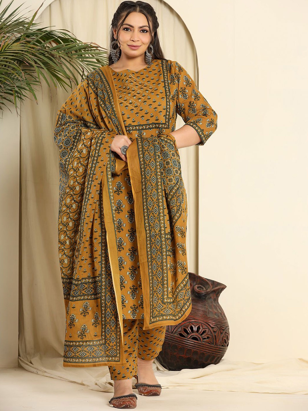 

Yufta Mustard Floral Printed Thread Work Pure Cotton Kurta With Trouser With Dupatta