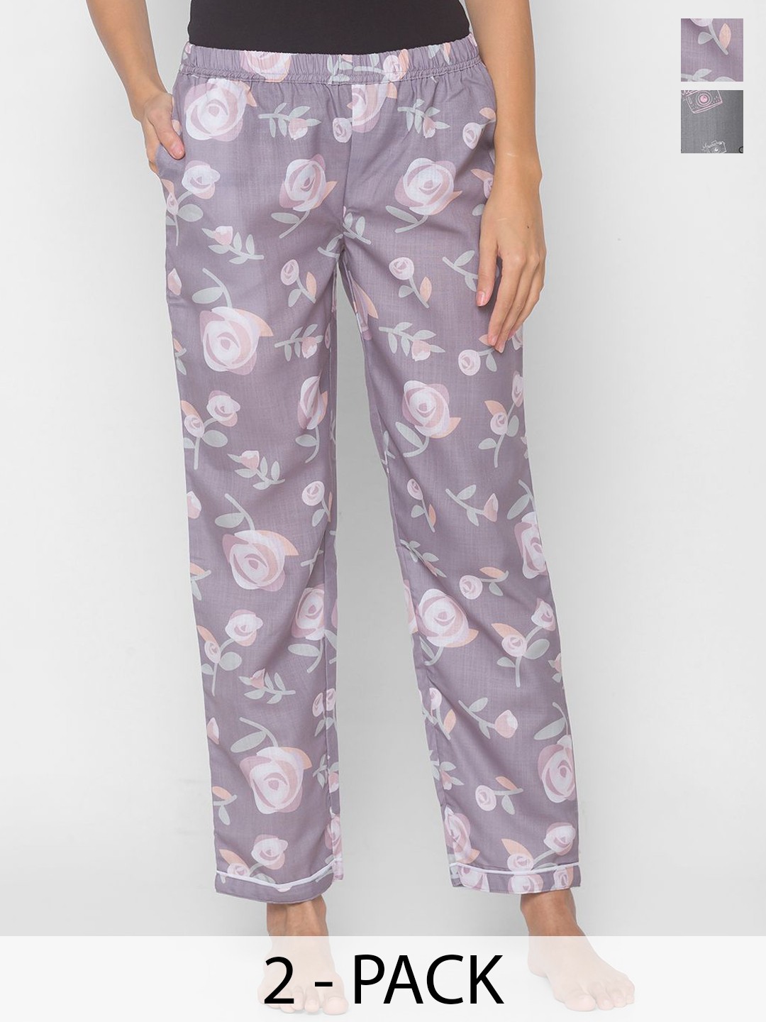 

NOIRA Women Pack of 2 Printed Mid-Rise Straight Lounge Pants, Lavender