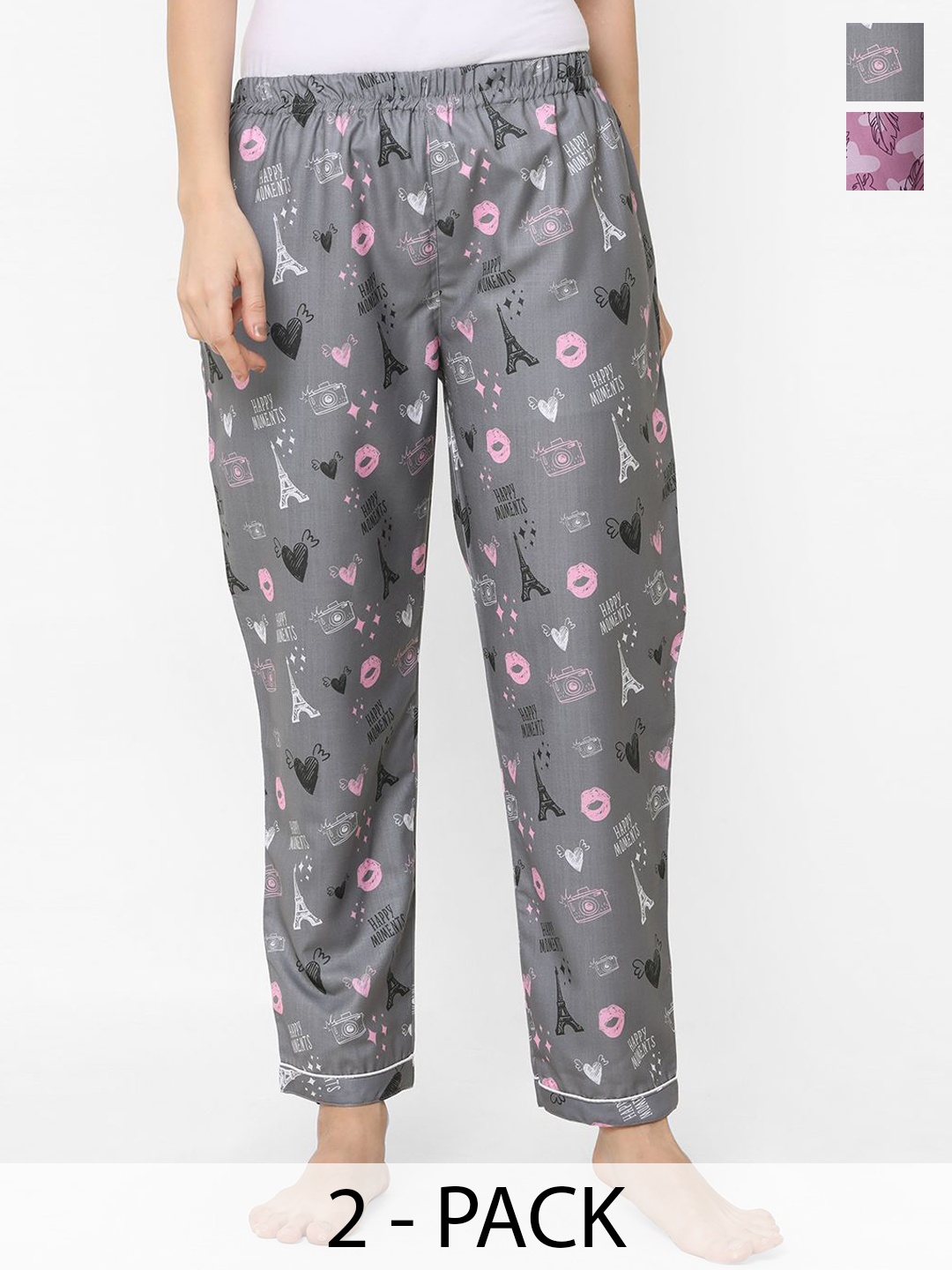 

NOIRA Women Pack of 2 Printed Mid-Rise Straight Lounge Pants, Grey