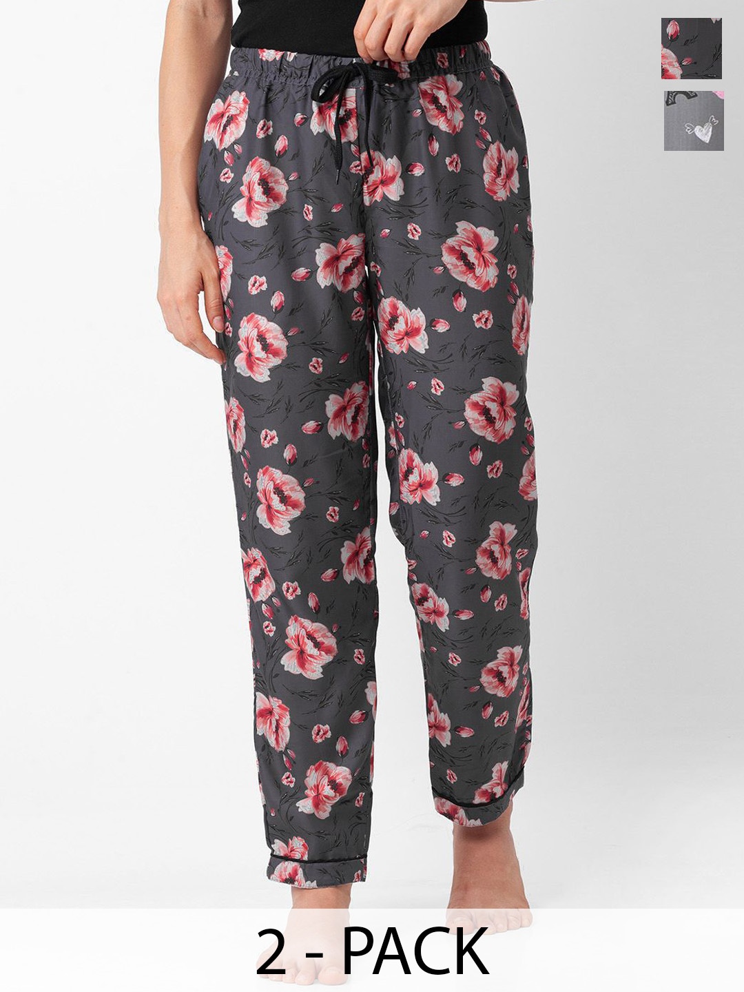 

NOIRA Pack Of 2 Floral Printed Straight Lounge Pants, Grey