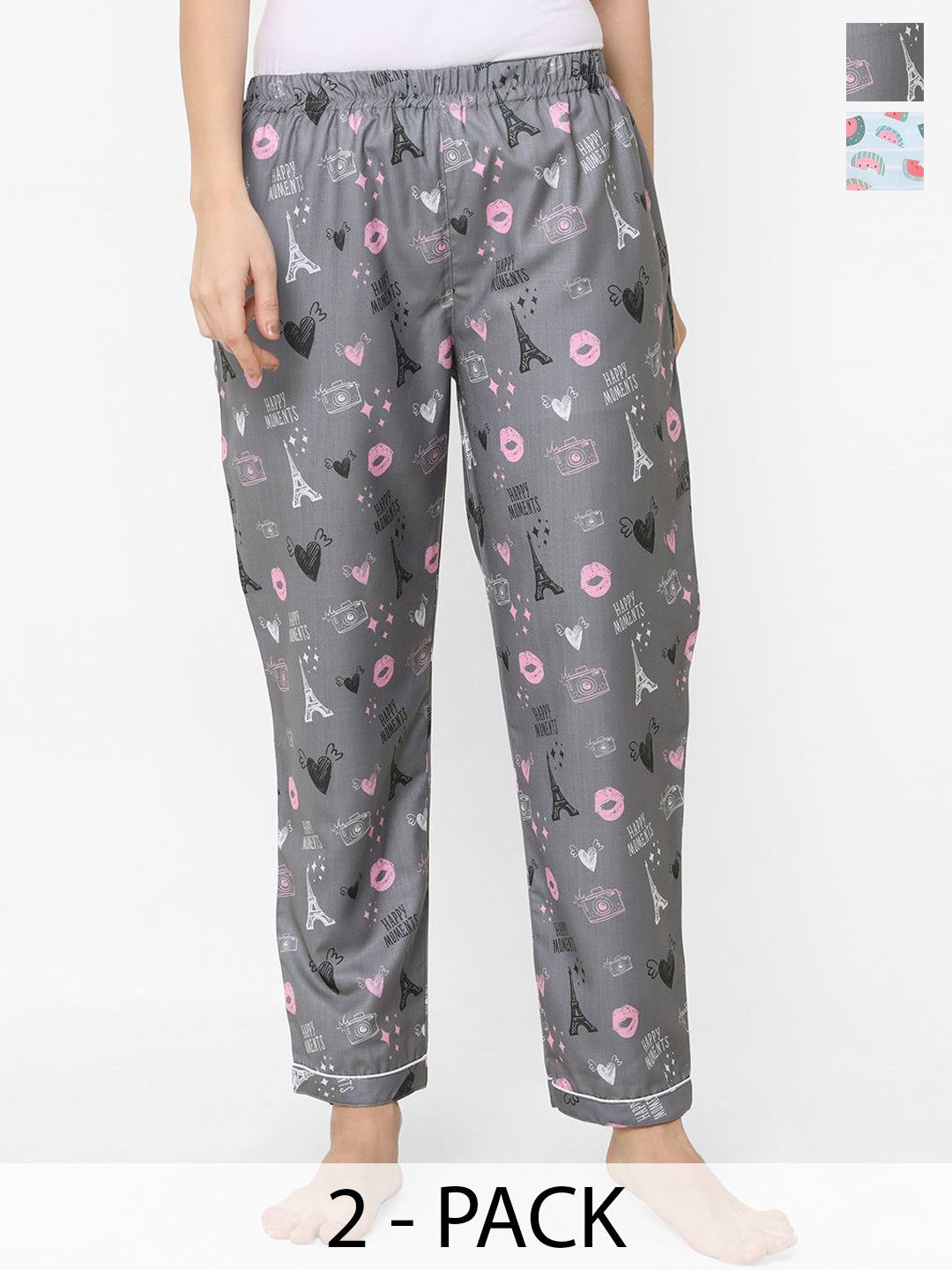 

NOIRA Women Pack Of 2 Printed Lounge Pants, Grey
