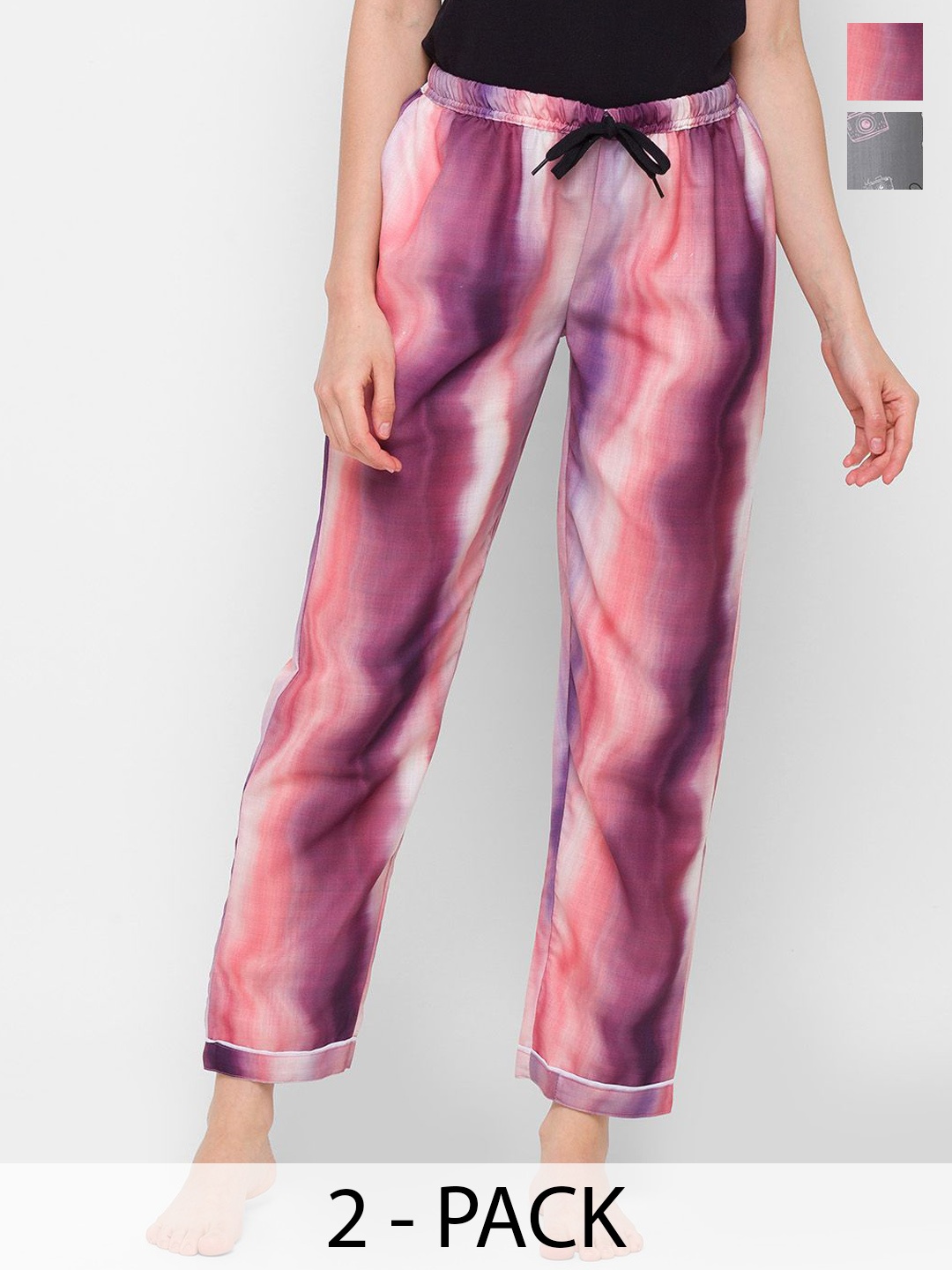 

NOIRA Women Pack of 2 Printed Mid-Rise Straight Lounge Pants, Pink