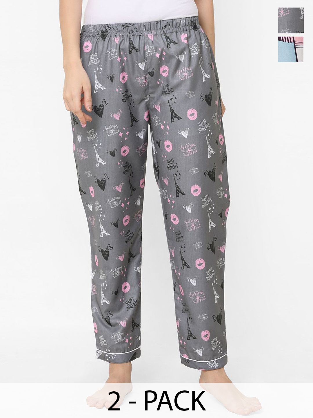 

NOIRA Pack Of 2 Floral Printed Straight Lounge Pants, Grey