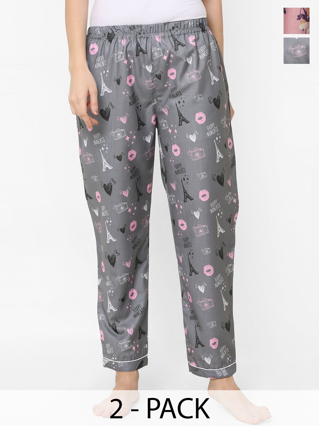 

NOIRA Women Pack of 2 Printed Mid-Rise Straight Lounge Pants, Grey