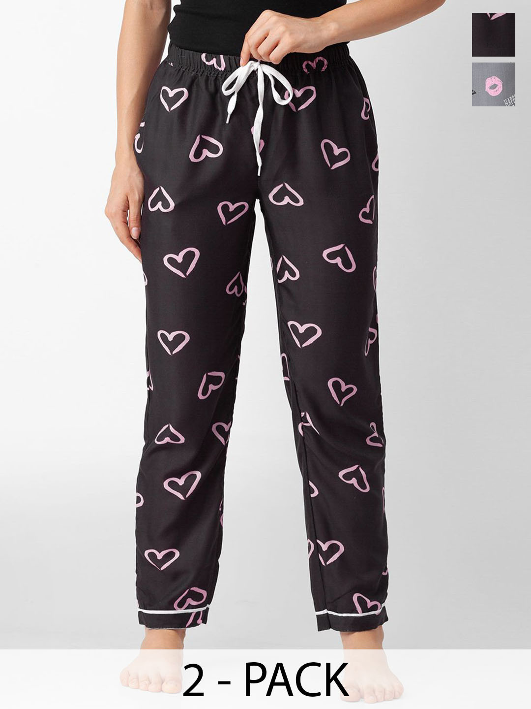 

NOIRA Women Pack of 2 Printed Mid-Rise Straight Lounge Pants, Black