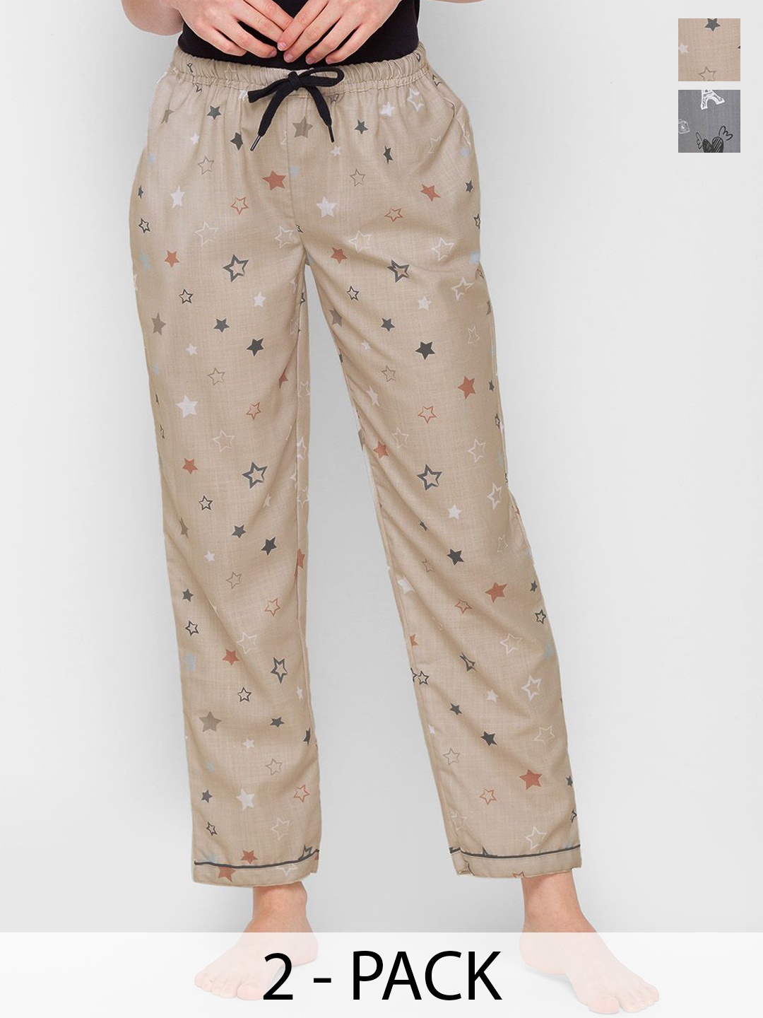 

NOIRA Women Pack of 2 Printed Mid-Rise Straight Lounge Pants, Beige