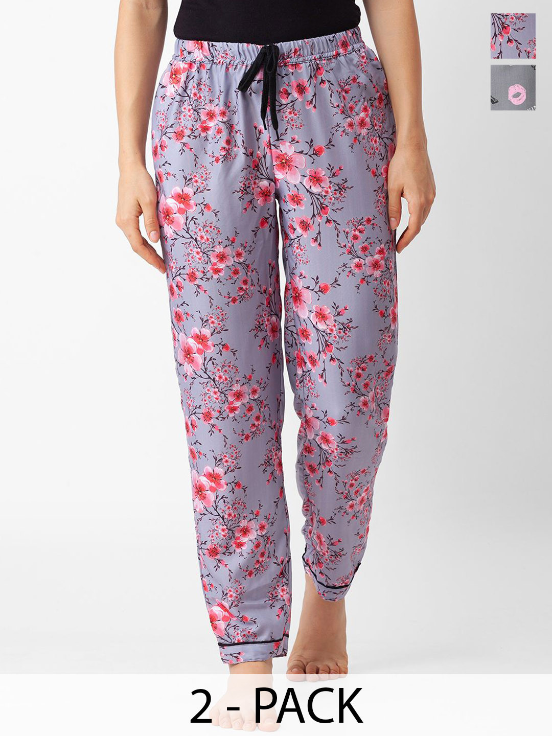 

NOIRA Women Pack of 2 Printed Mid-Rise Straight Lounge Pants, Grey