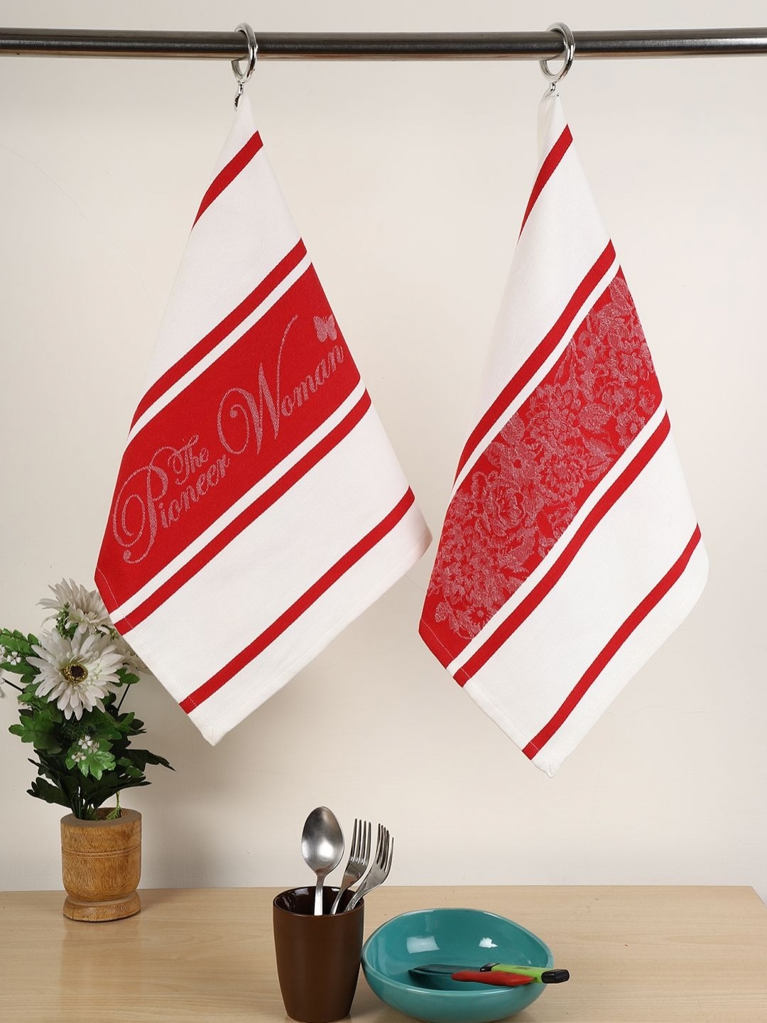 

Jamio Firati White & Red 2 Pieces Striped Pure Cotton Kitchen Towels