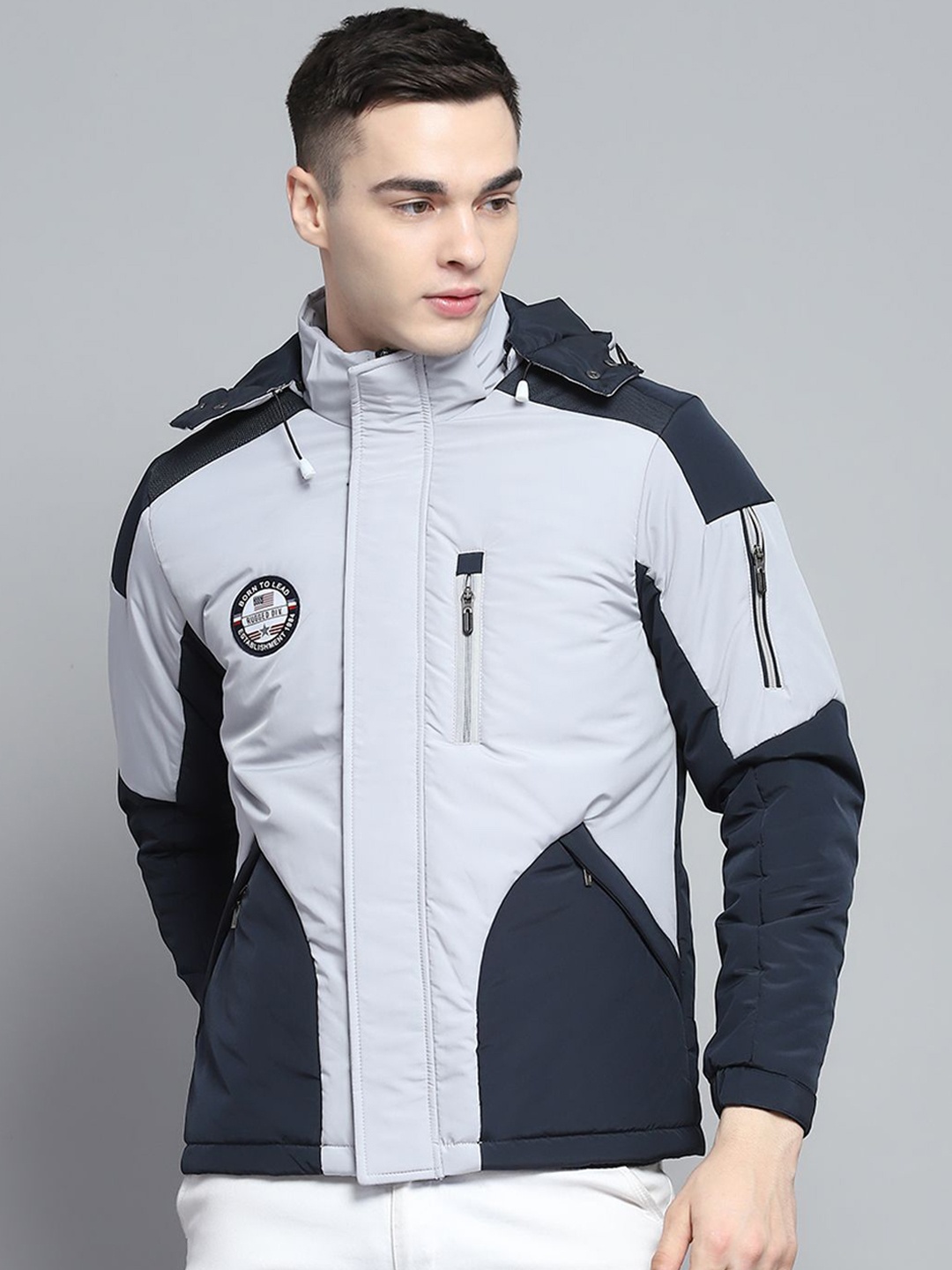 

Monte Carlo Men Hooded Colourblocked Casual Padded Lightweight Jacket, Grey