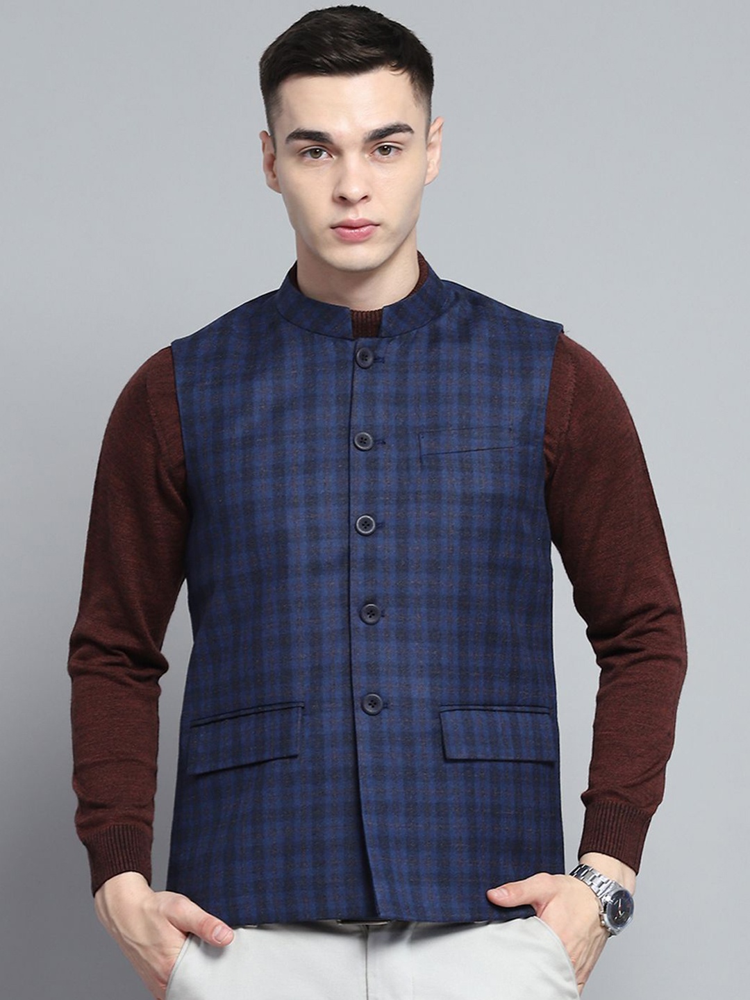 

Monte Carlo Men Mandarin Collar Checked Woollen Nehru Jacket, Blue