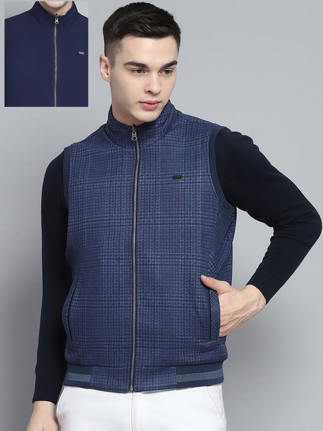 

Monte Carlo Men Mock Collar Checked Casual Bomber Lightweight Jacket, Navy blue