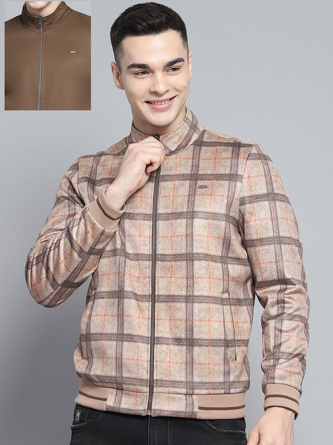 

Monte Carlo Men Mock Collar Solid Casual Bomber Reversible Jacket, Brown
