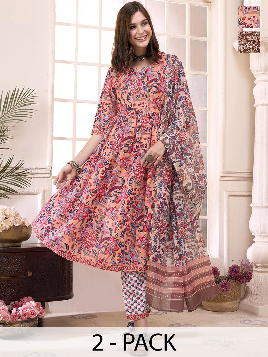 

Anouk Rustic Pack Of 2 Floral Printed Notch-Neck Kurta with Palazzos & Dupatta, Peach