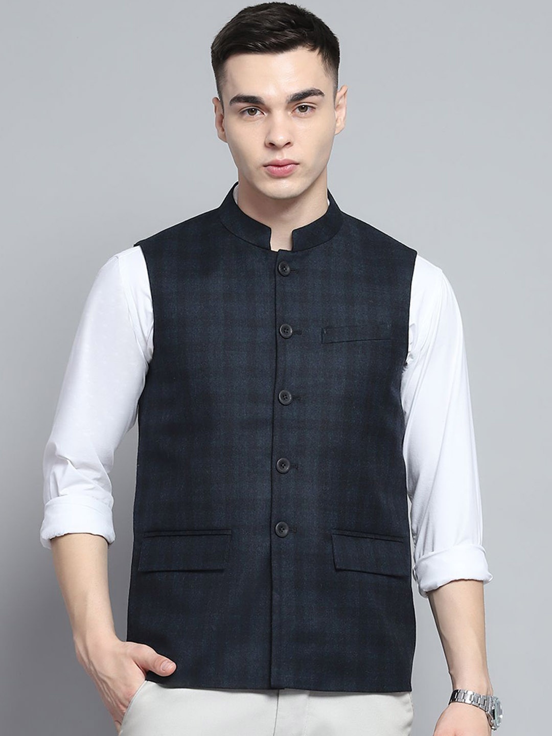 

Monte Carlo Men Mandarin Collar Checked Woollen Casual Tailored Lightweight Jacket, Navy blue