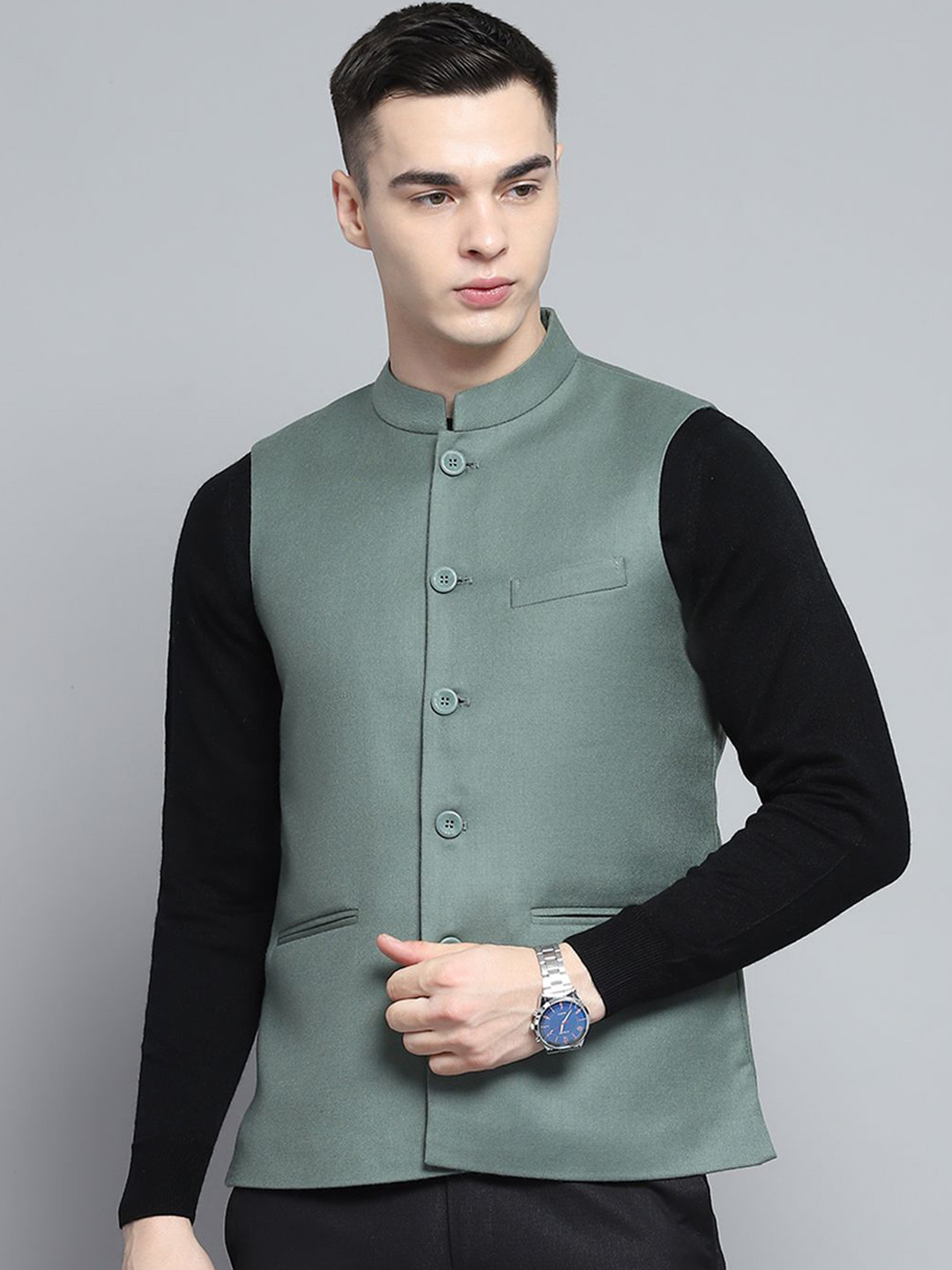 

Monte Carlo Men Mandarin Collar Solid Woollen Casual Tailored Lightweight Jacket, Green