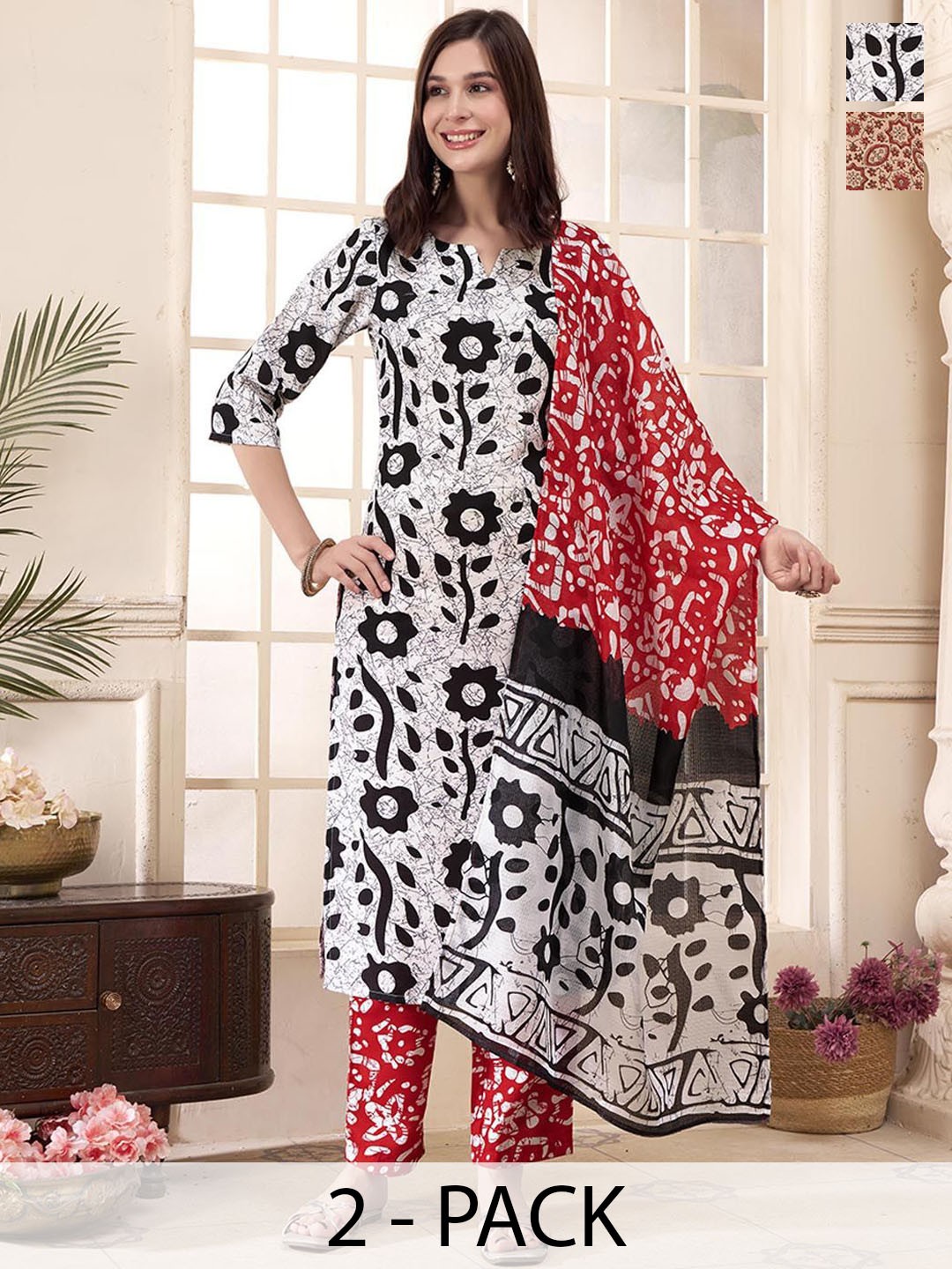 

Anouk Rustic Selection Of 2 Floral Printed Straight Kurta With Trousers & Dupatta, Beige