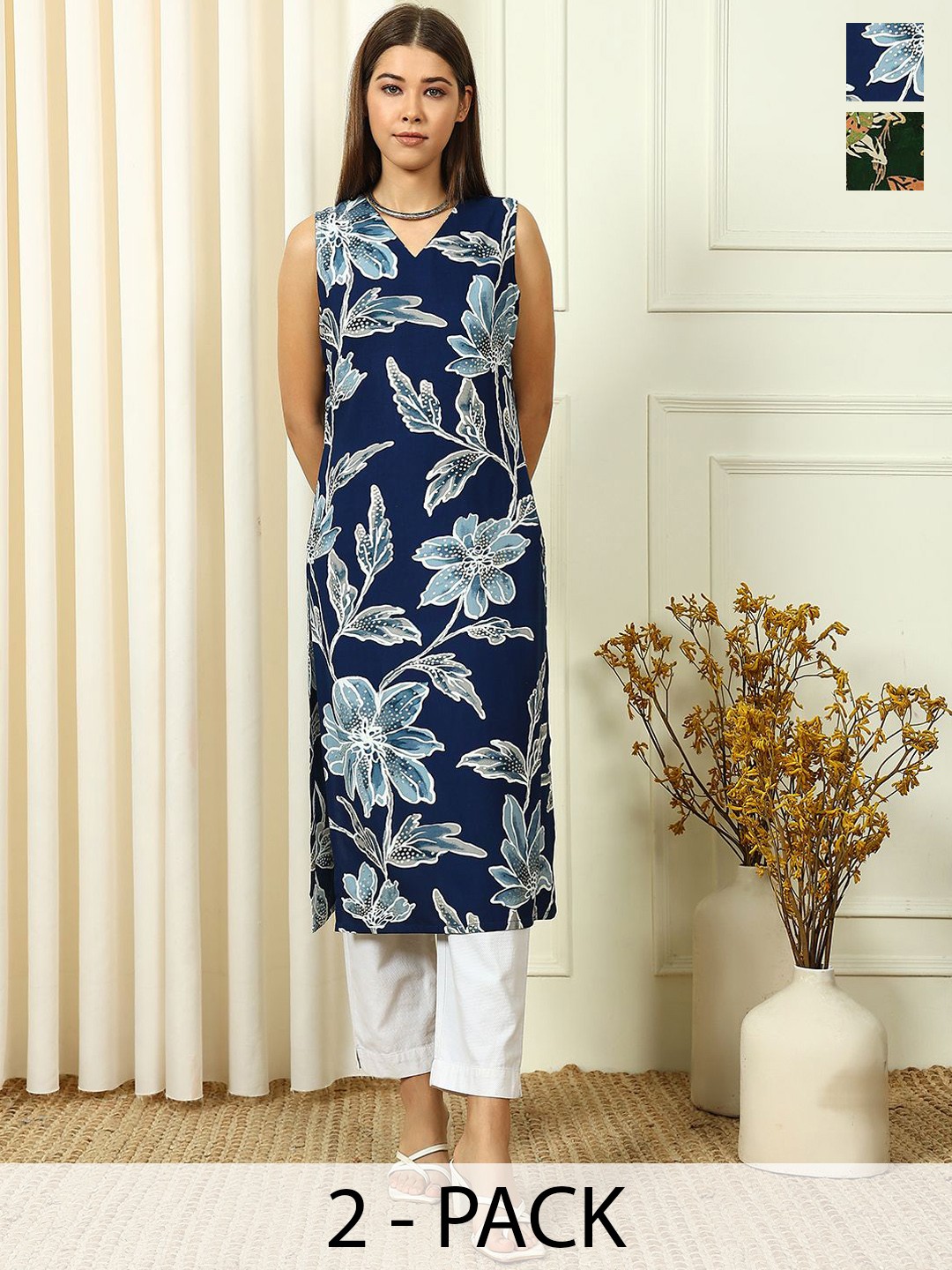 

Anouk Rustic Selection Of 2 Floral Printed V-Neck Straight Kurtas, Navy blue