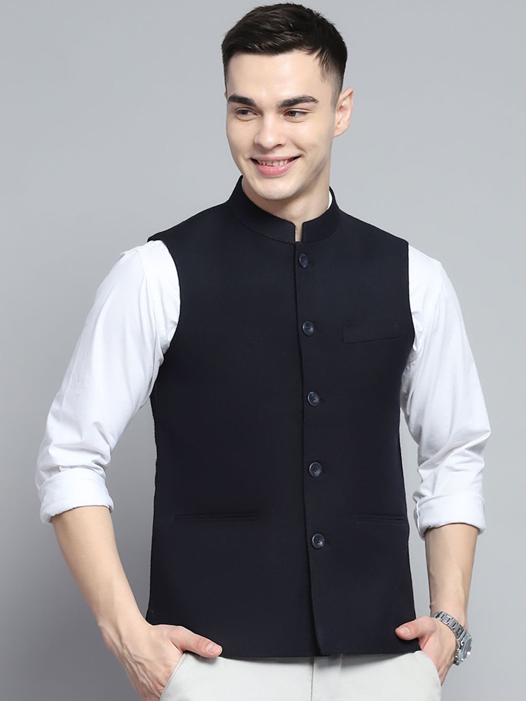 Monte Carlo Men Mandarin Collar Solid Woollen Casual Nehru Jacket, Navy blue