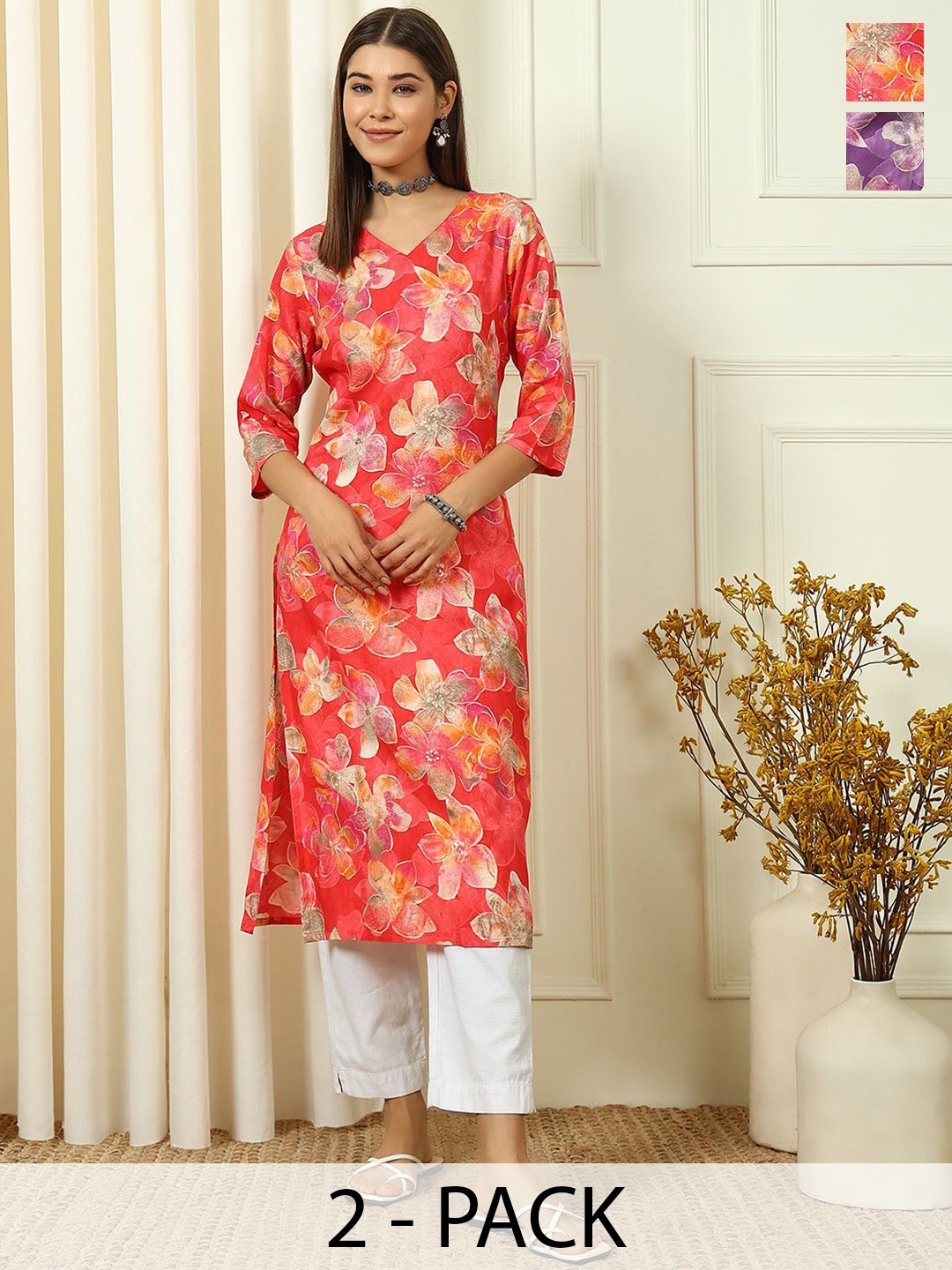 

Anouk Rustic Selection Of 2 Floral Printed V-Neck Straight Kurtas, Pink