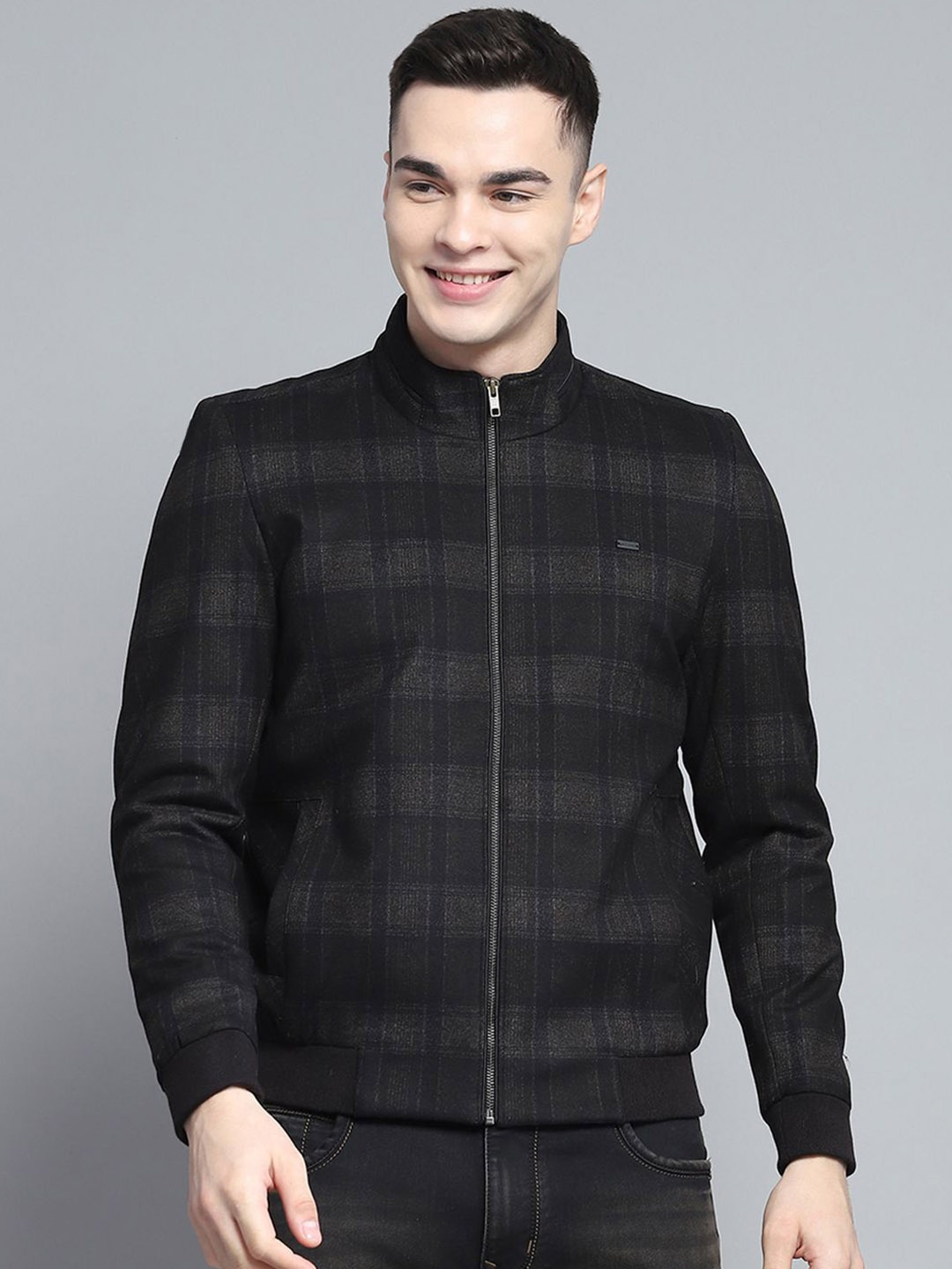 Monte Carlo Men Mock Collar Checked Casual Bomber Lightweight Jacket, Black