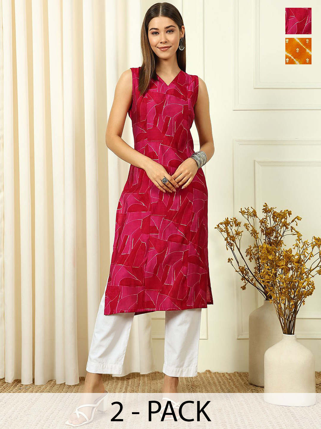 

Anouk Rustic Selection Of 2 Floral Printed V-Neck Straight Kurtas, Pink