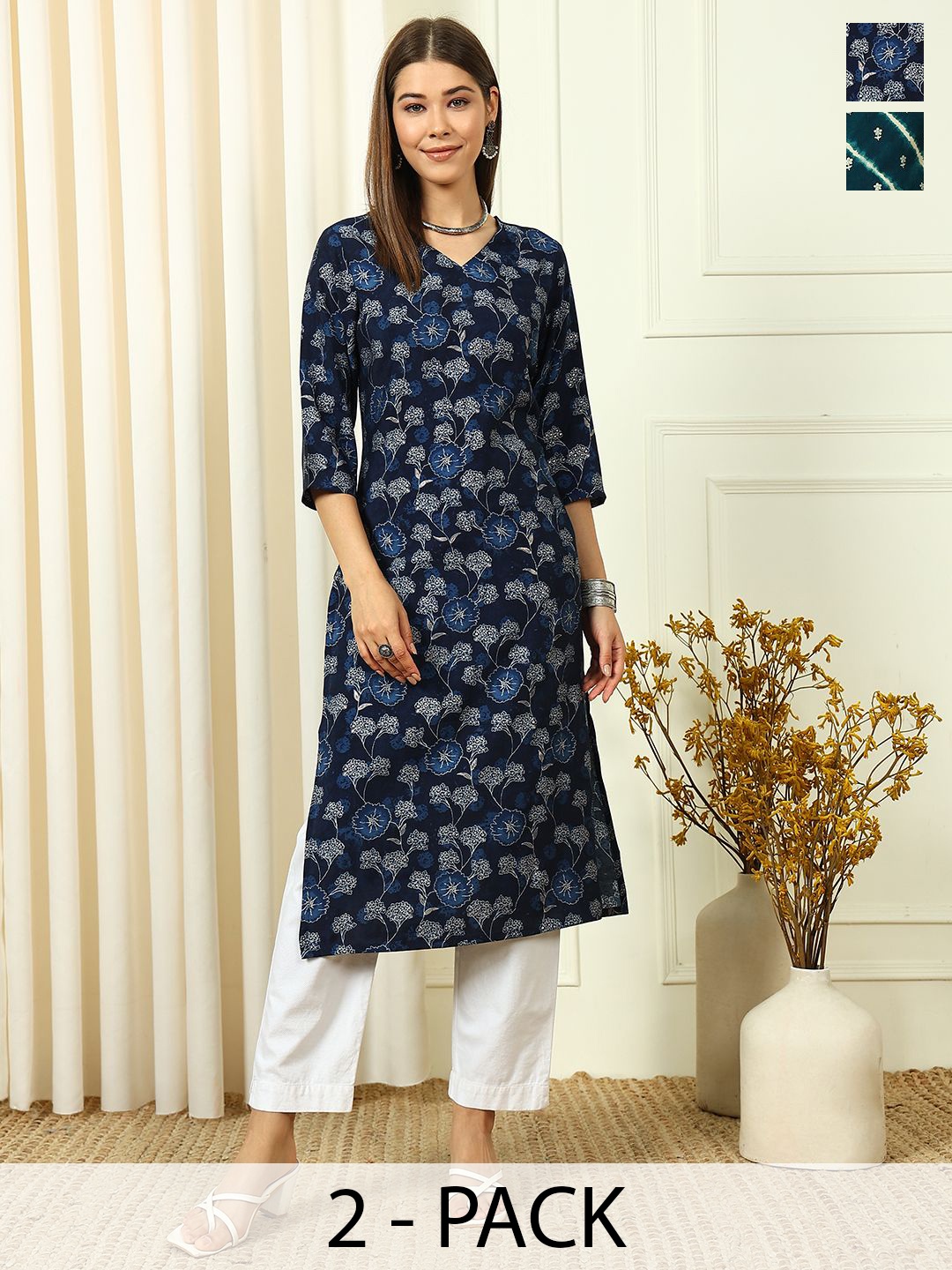 

Anouk Rustic Selection Of 2 Floral Printed V-Neck Straight Kurtas, Blue