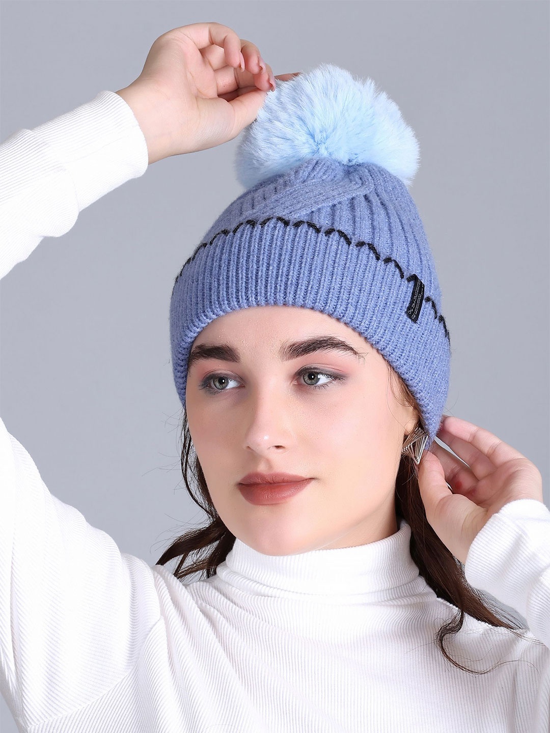 

513 Women Self Design Beanie, Blue