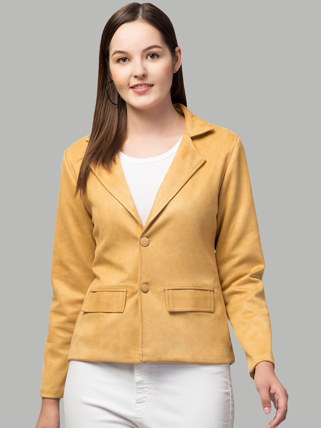 

Fruba Notched Lapel Collar Linen Single Breasted Formal Blazer, Mustard