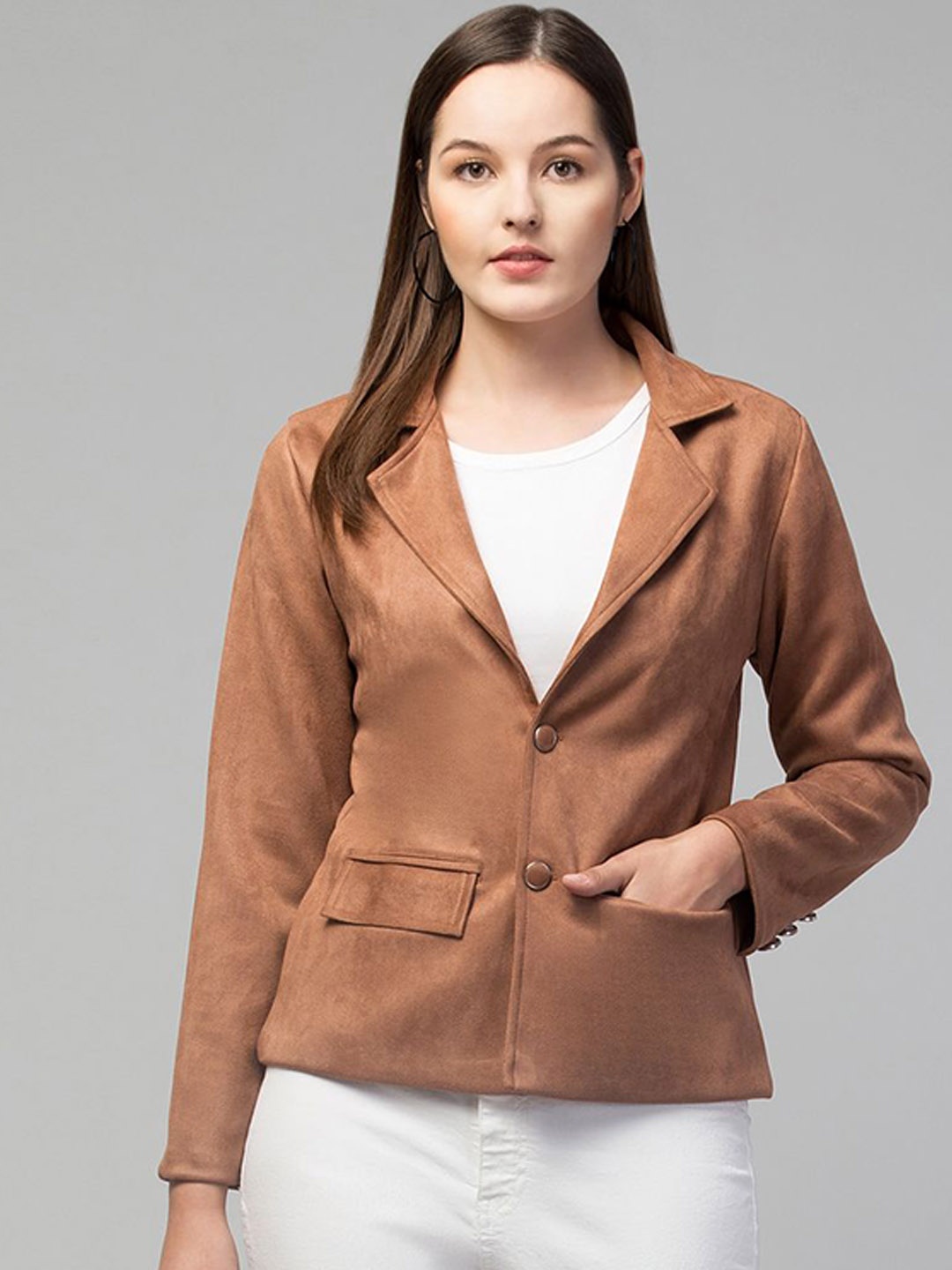 

Fruba Notched Lapel Single-Breasted Regular Fit Linen Blazer, Tan