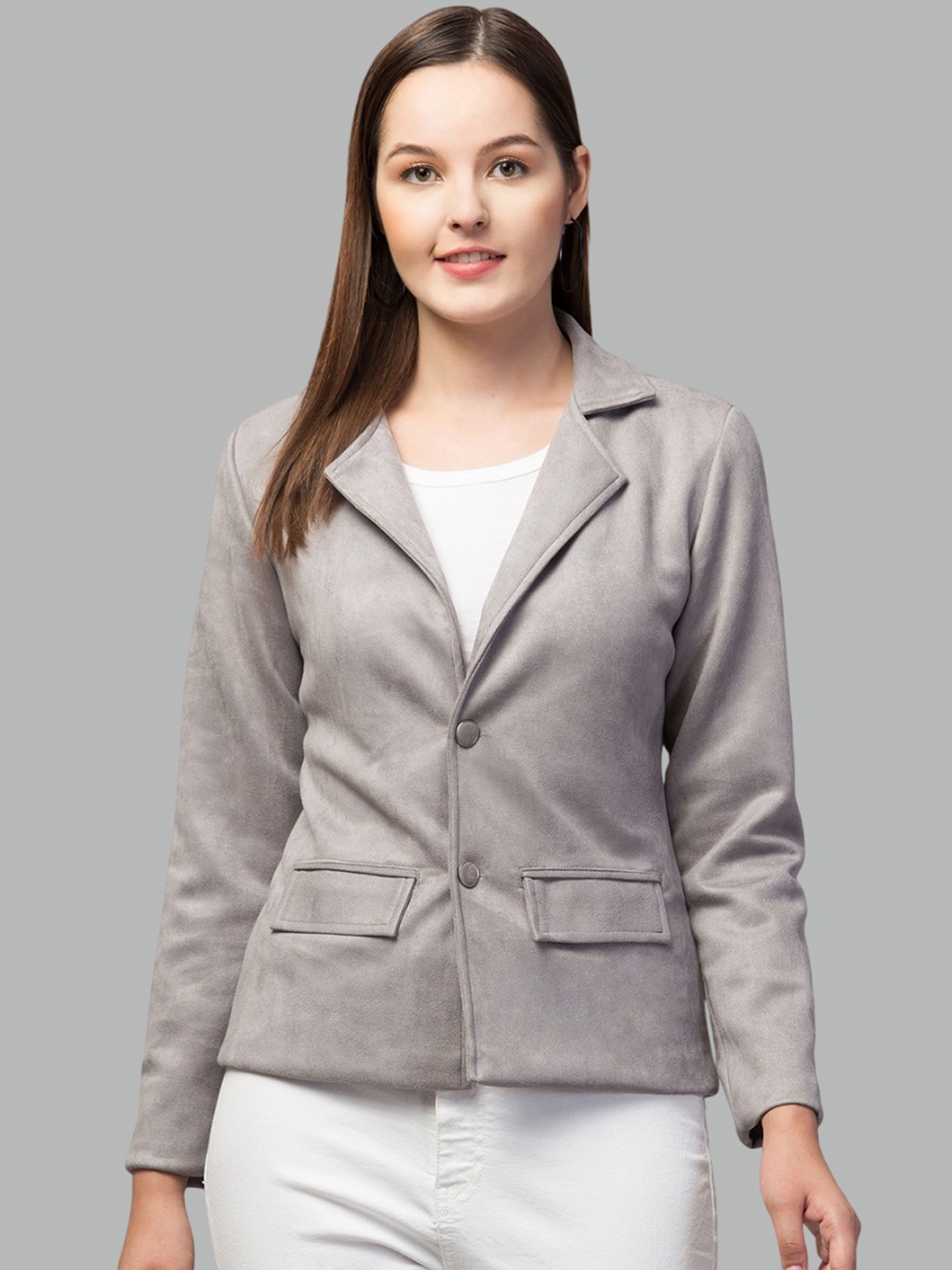 

Fruba Notched Lapel Collar Linen Single-Breasted Formal Blazer, Grey