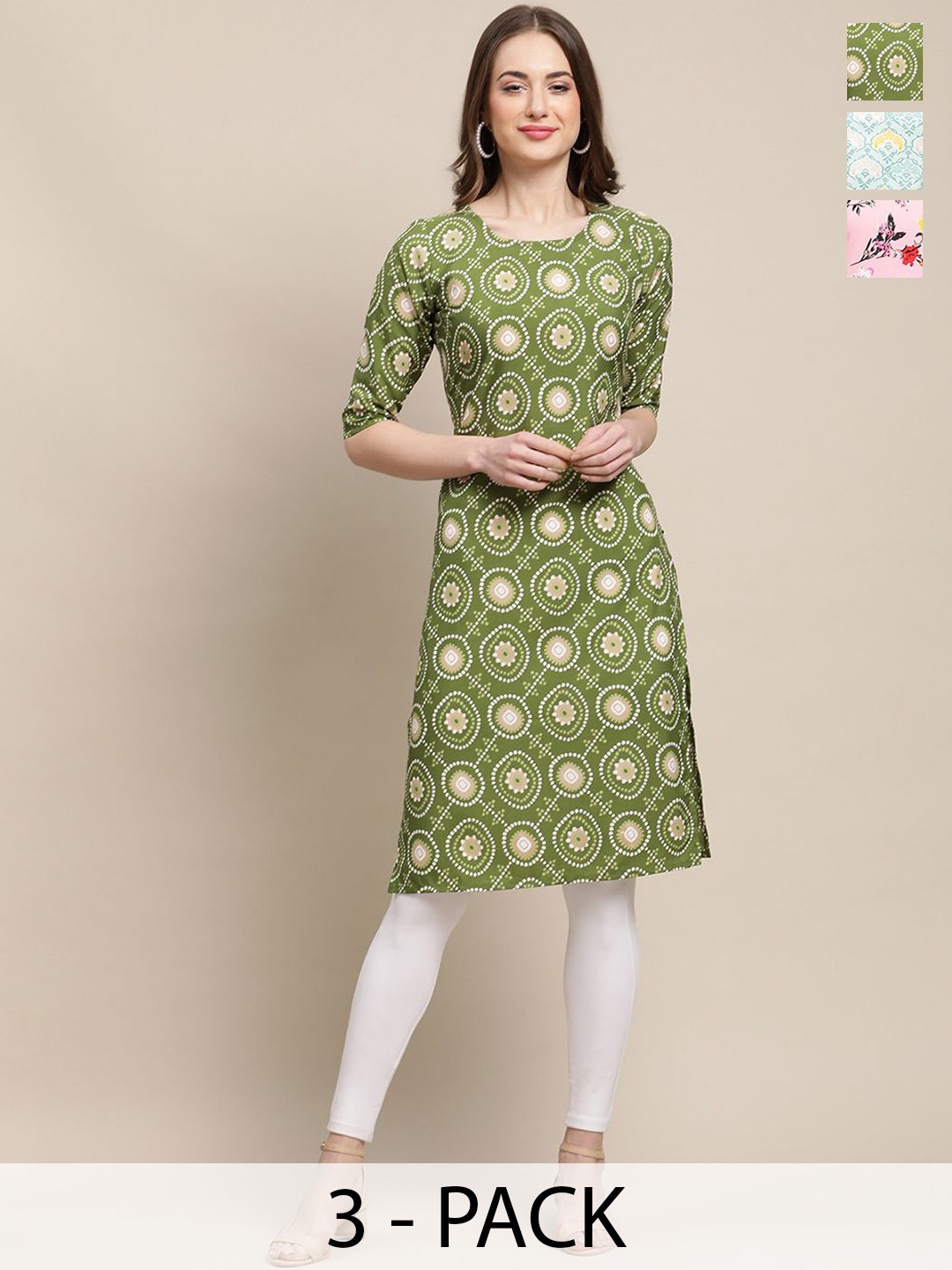 

7Threads Selection Of 3 Geometric Printed Round Neck Straight Kurtas, Green