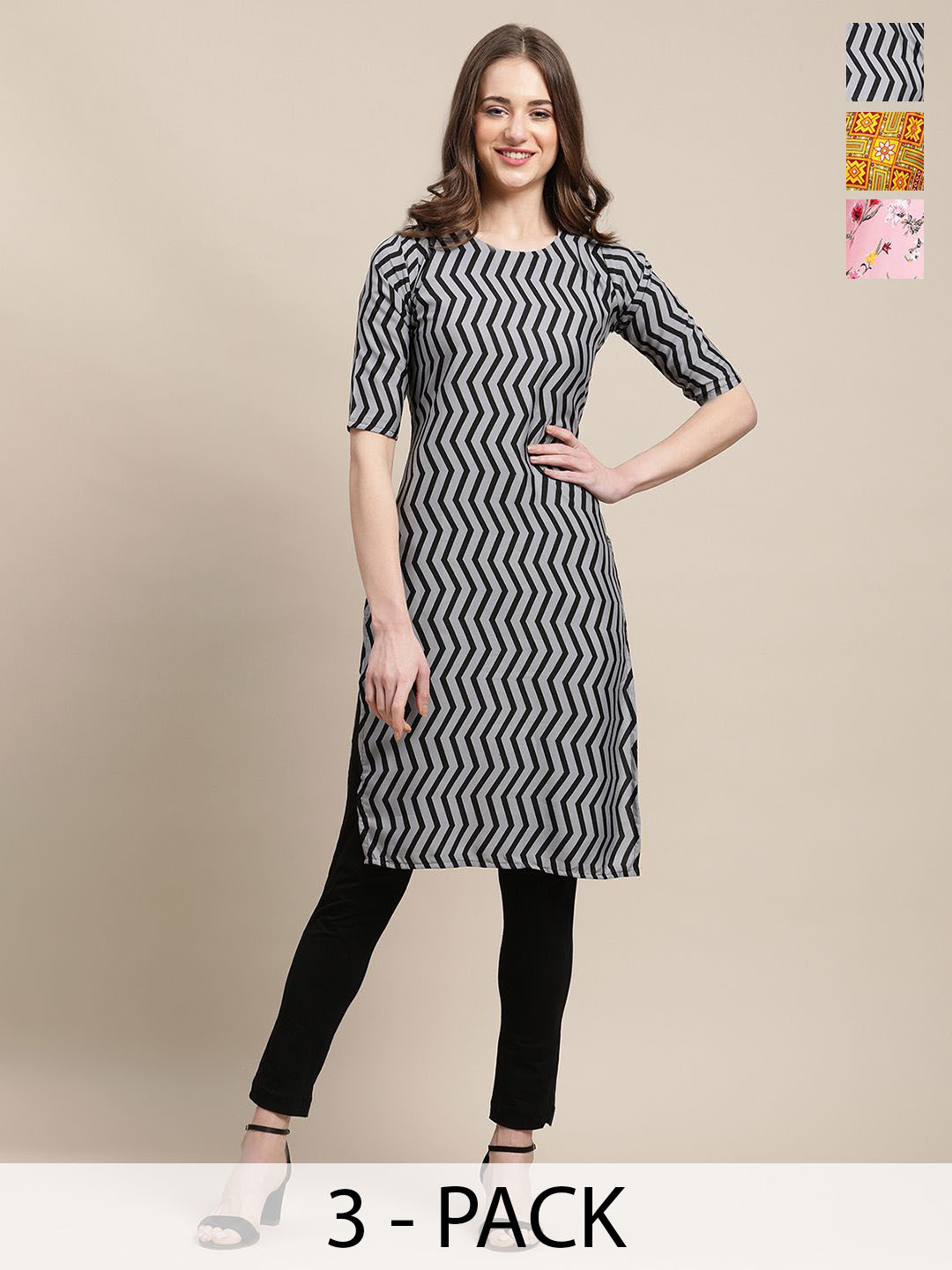 

7Threads Selection of 3 Geometric & Floral Printed Straight Kurtas, Grey