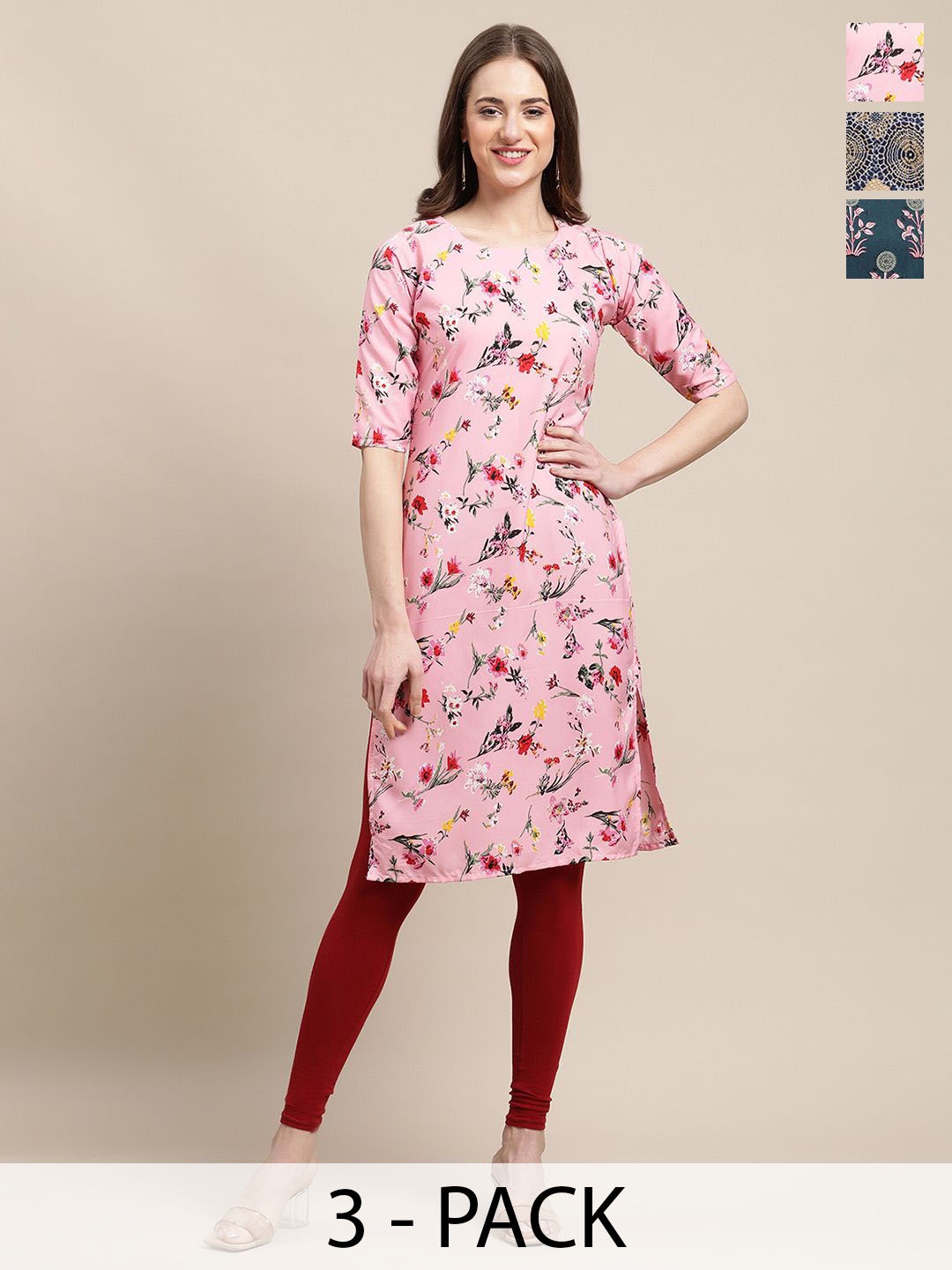 

7Threads Selection Of 3 Floral Printed Round Neck Straight Kurtas, Pink