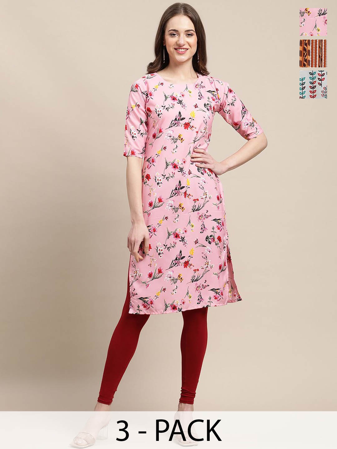 

7Threads Selection Of 3 Floral Printed Round Neck Straight Crepe Kurtas, Pink