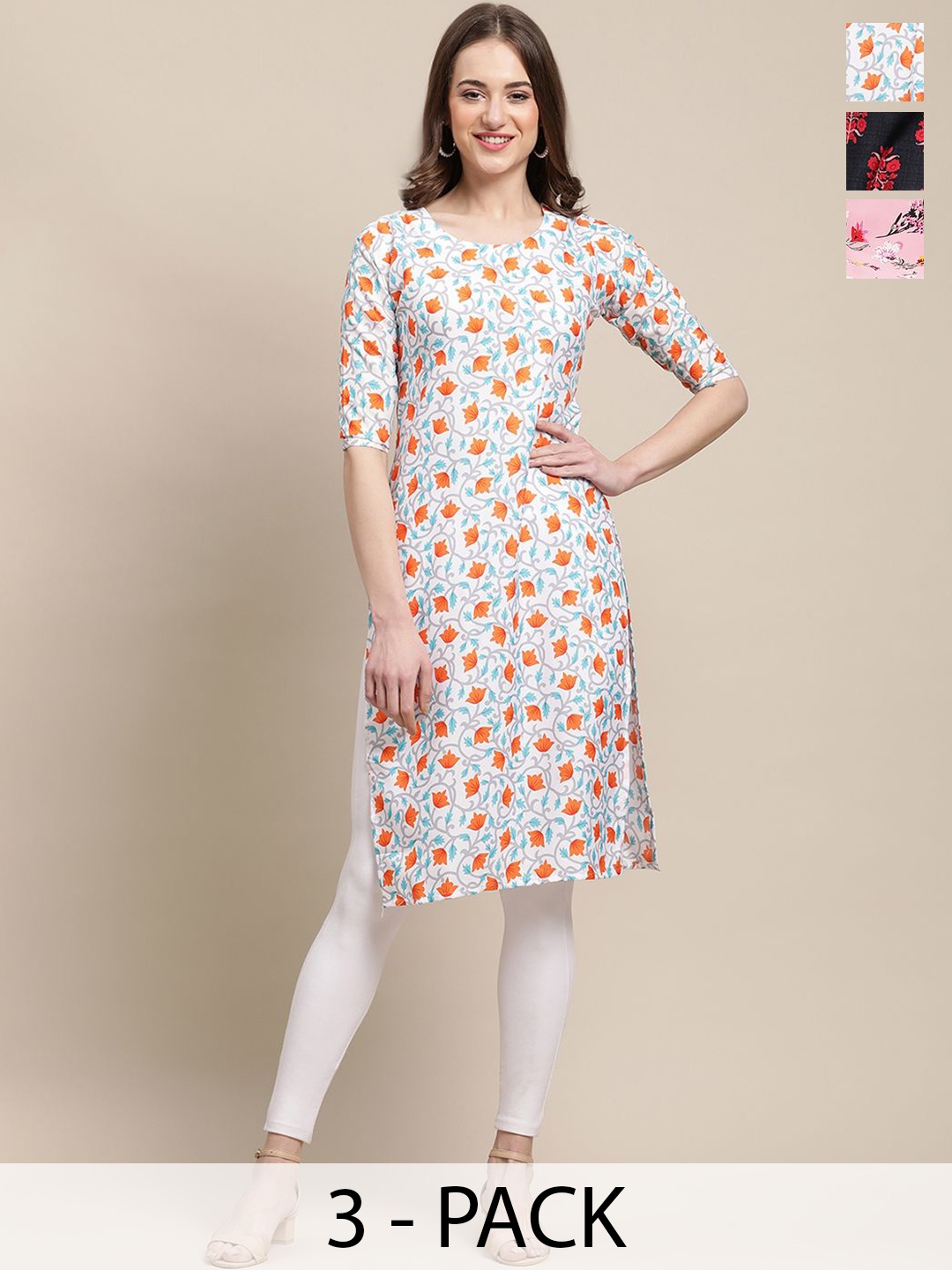 

7Threads Pack Of 3 Floral Printed Round Neck Straight Crepe Kurta, Blue